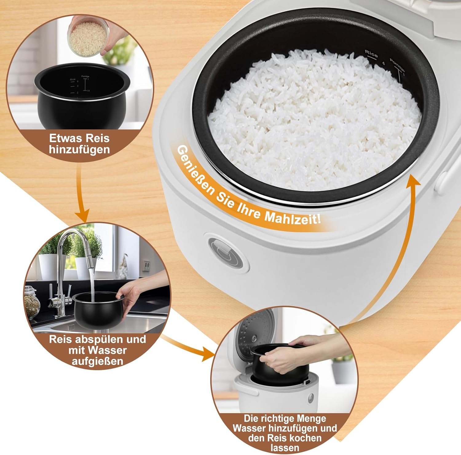 Bear Reiskocher 4 Tassen (ungekocht) mit Dampfgarer, multifunktionaler 350 W elektrischer Reiskocher Mini, 6 Reiskochfunktionen für 2–4 Personen, Weiß – Bild 2