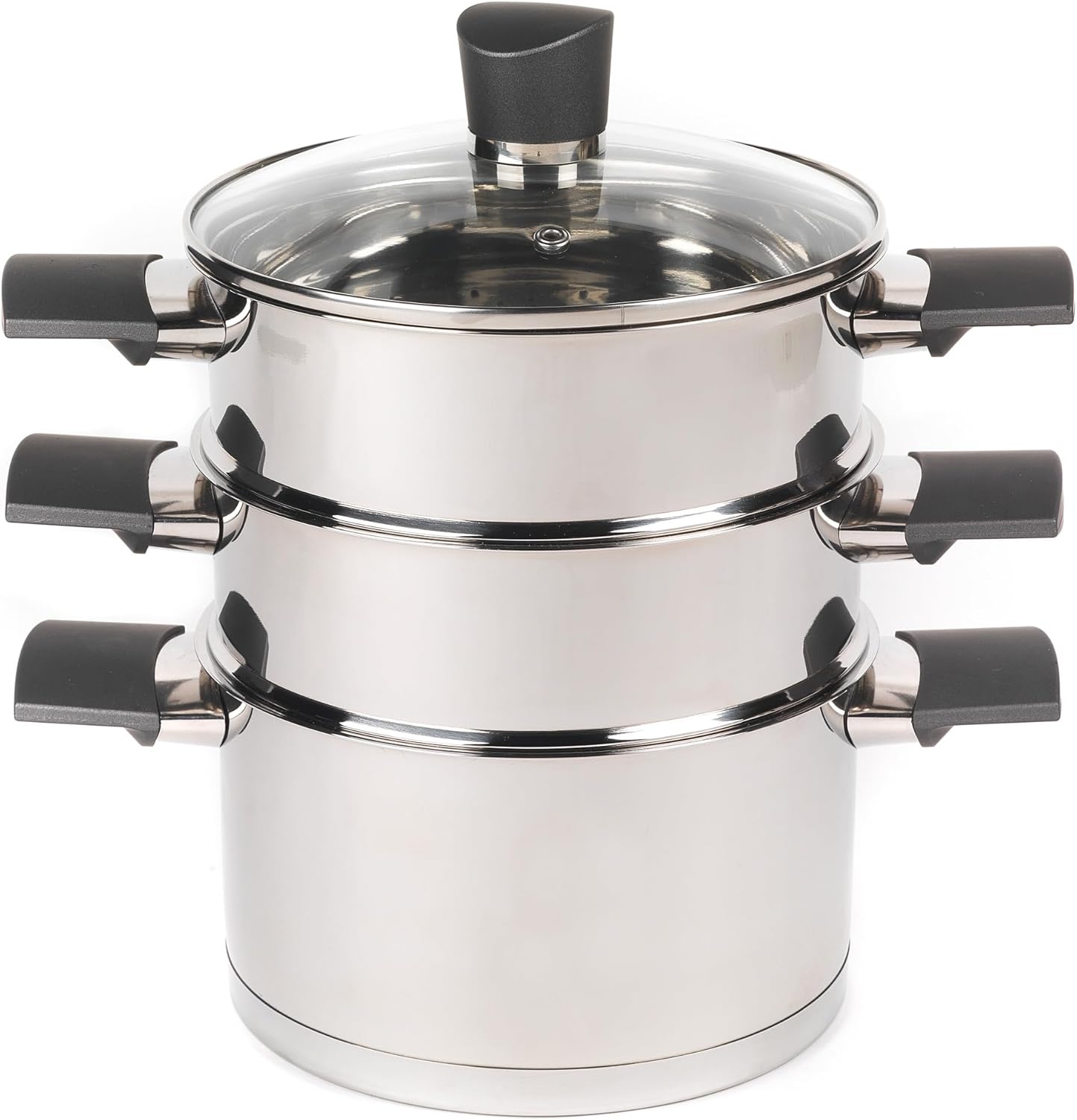 Russell Hobbs RH01170EU Excellence 3-teiliger stapelbarer Dampfgarer – 18 cm Dampfgarer-Set, Glasdeckel, kompakte Induktionspfannen, ideal für die Zubereitung von Eiern, Fleisch, Chargenkochen, Edelstahl