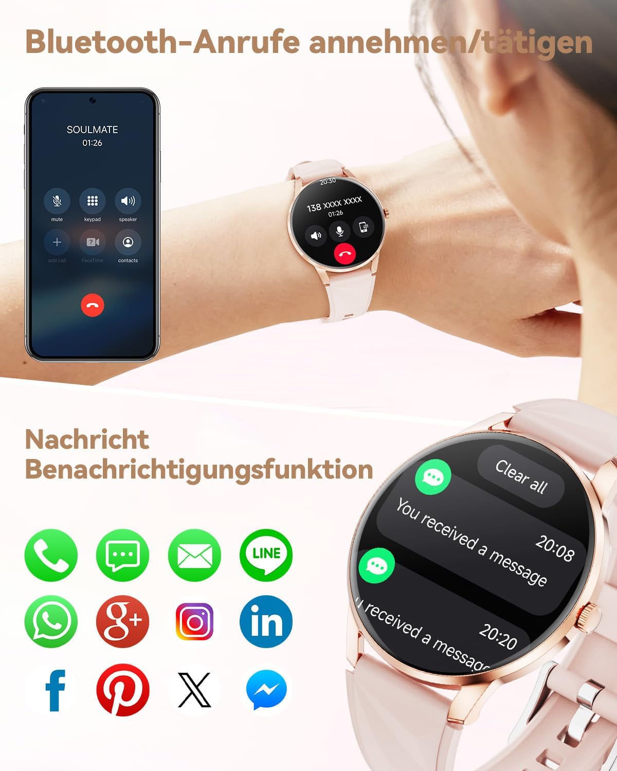 Damen Smartwatch mit Telefonfunktion, 1,32 Zoll AMOLED Display Smartwatch, Fitnessuhr mit Herzfrequenzmesser, SpO2, Schlafmonitor, Schrittzähler, 110+ Sportmodi, Sportuhr für iOS – Bild 3