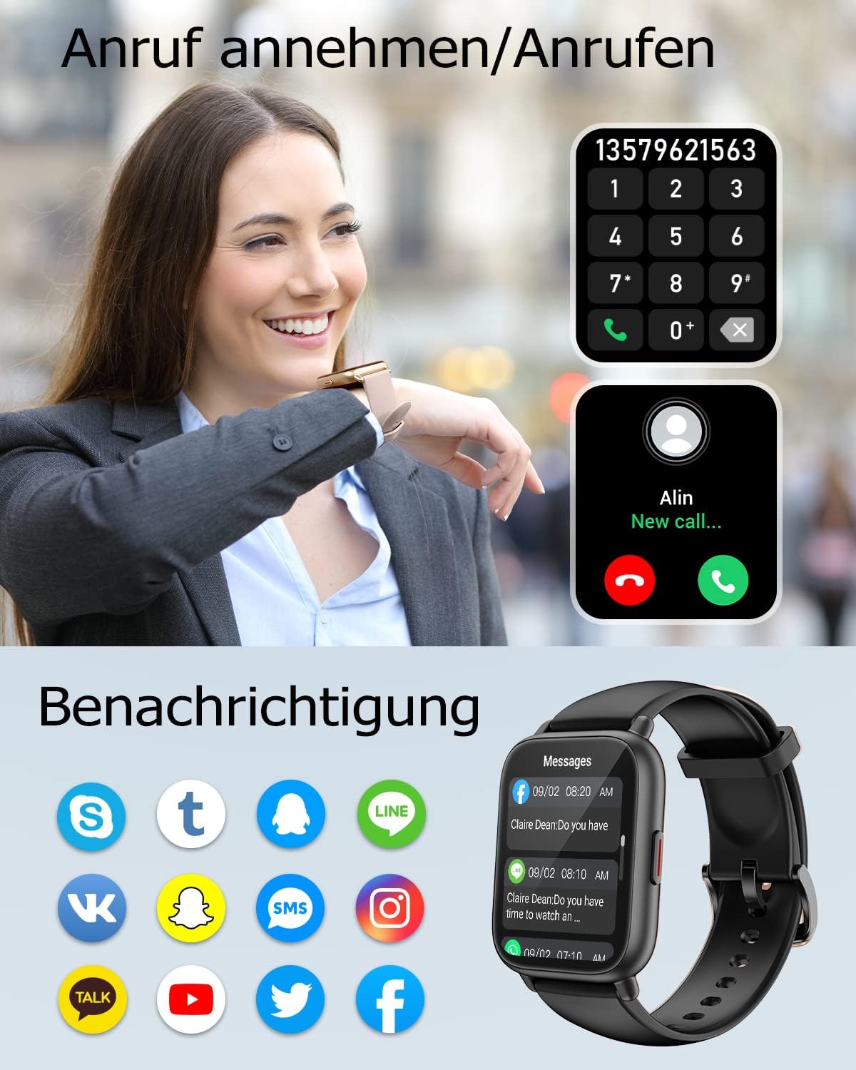 RUIMEN Smartwatch mit Telefonfunktion, Smartwatch für Damen und Herren, 1,85 Zoll HD-Bildschirm, Fitnessuhr mit SpO2-Überwachung, Herzfrequenzmesser, Schlafmonitor, Schrittzähleruhr, 110+ Trainingsmodi für Android iOS (2 Bänder) – Bild 3
