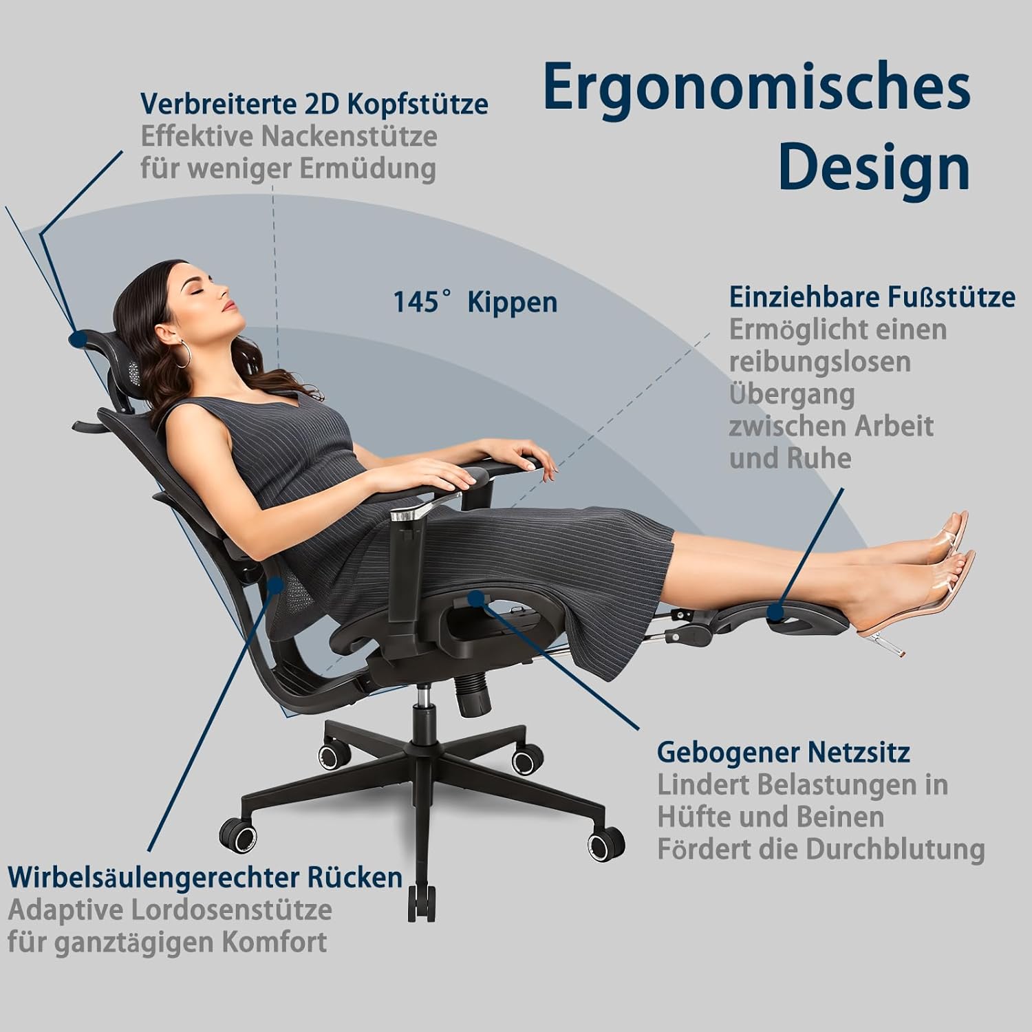Ergonomischer Bürostuhl, groß und schwer, mit Fußstütze, 5D-verstellbaren Armlehnen, Lordosenstütze, Netzrückenlehne, verstellbarer Sitztiefe, drehbarer Gaming-Stuhl, Schwarz – Bild 3