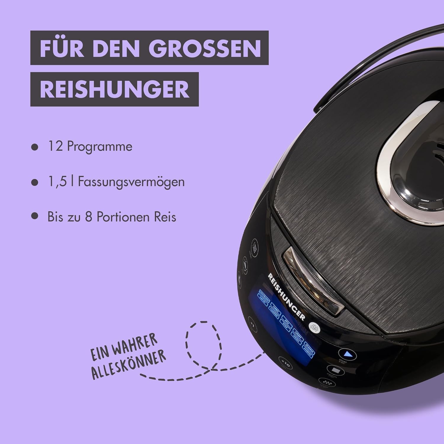 REISHUNGER Digitaler Reiskocher und Dampfgarer Schwarz | 1,5 Liter für 8 Personen | Warmhaltefunktion, Timer und Premium-Innentopf | Multikocher, 12 Programme, 7-Phasen-Technologie – Bild 2