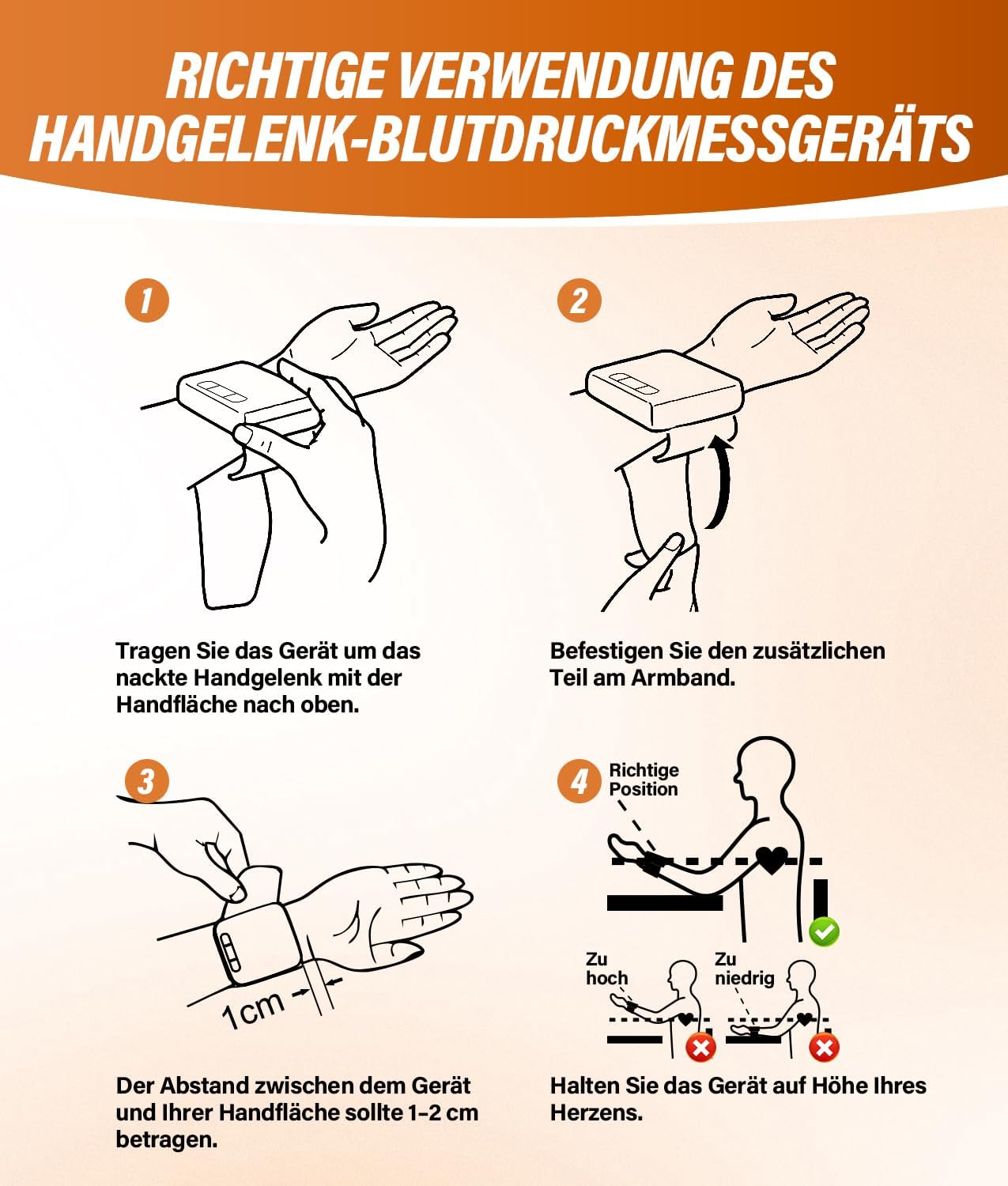WADEO Digitales Handgelenk-Blutdruckmessgerät, 5-Sprachen-Eingabeaufforderung, Arrhythmie-Erkennung, tragbares Blutdruckmessgerät für Zuhause und unterwegs, 2 x 99 Speicher, mit Batterien und Aufbewahrungsbox – Bild 8