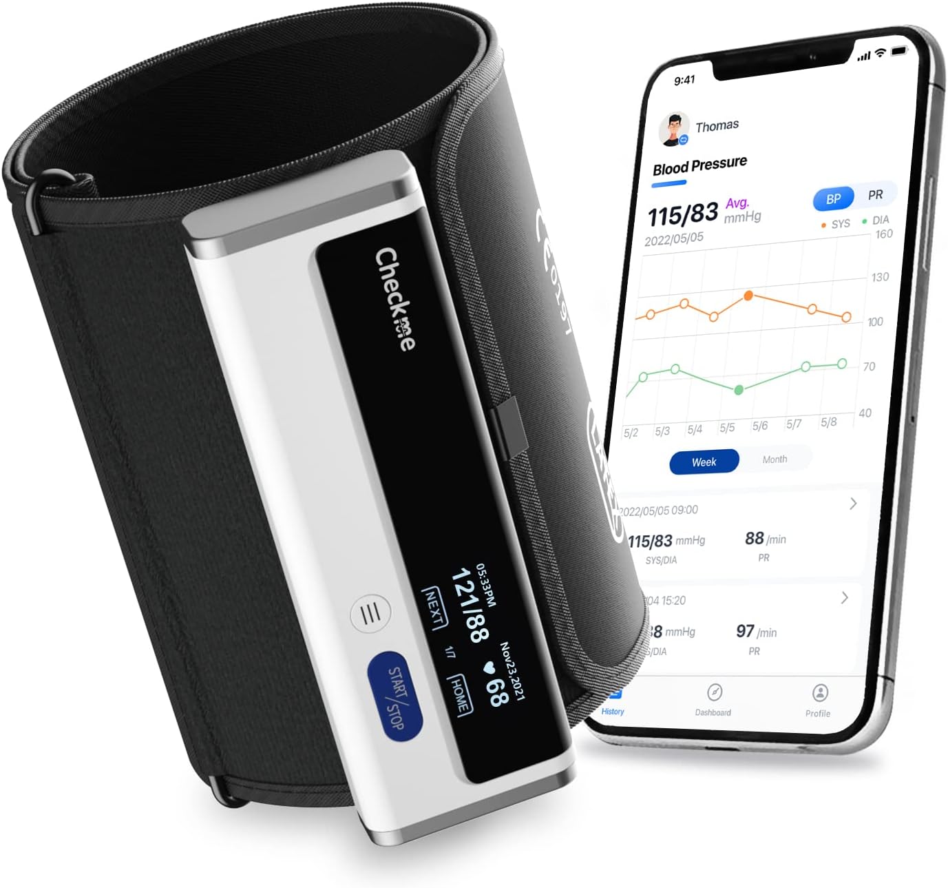 CheckMe Armfit Blutdruckmessgerät Oberarm Bluetooth mit kostenloser App, Blutdruckmessgerät große Manschette (22-42 cm), kabelloses automatisches Blutdruckmessgerät, unbegrenzter Speicherplatz