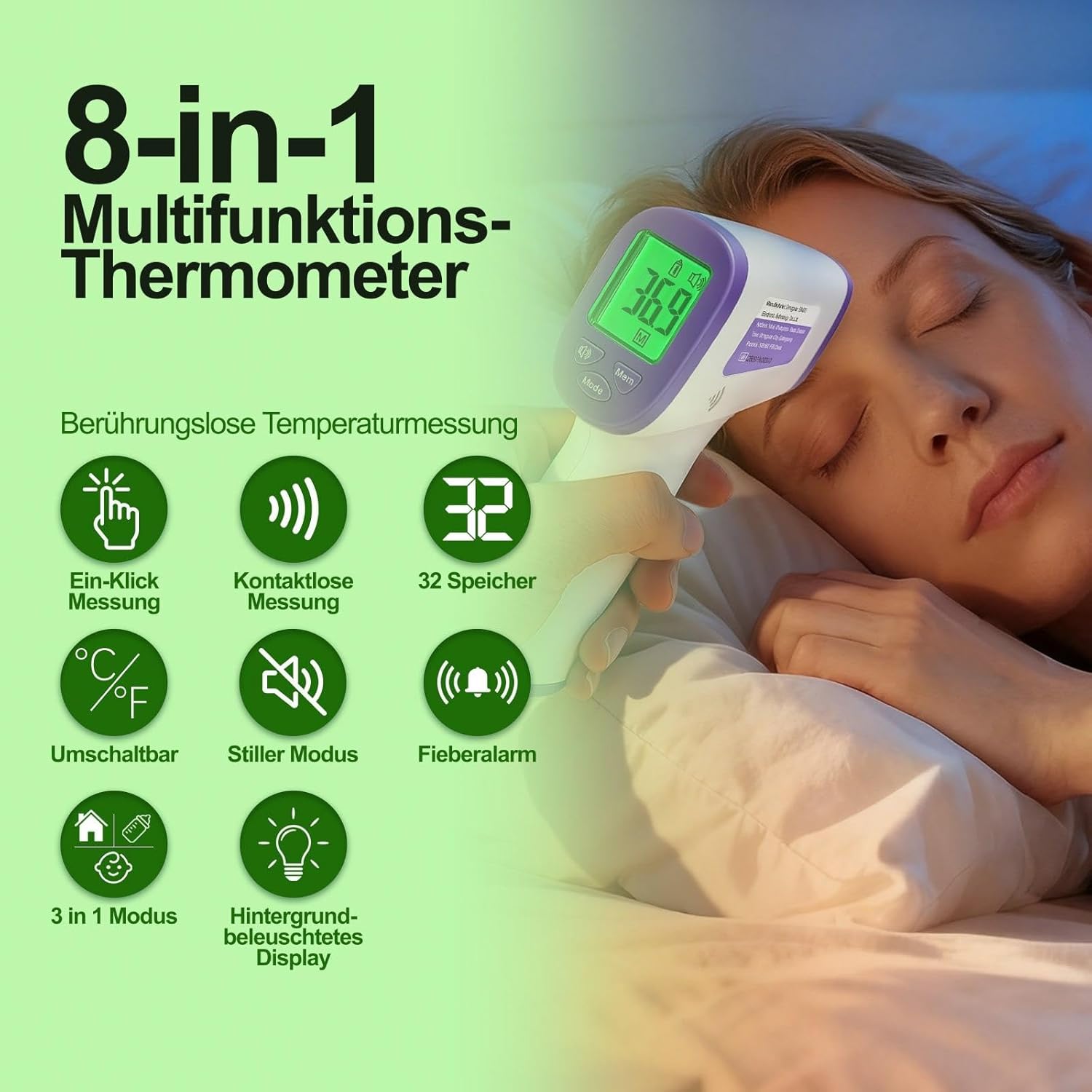 Digitales medizinisches Fieberthermometer, kontaktloses Stirn- und Ohrthermometer mit Infrarot-Technologie für Babys und Erwachsene, mit Fieberalarm und sofortiger Messung – Bild 3