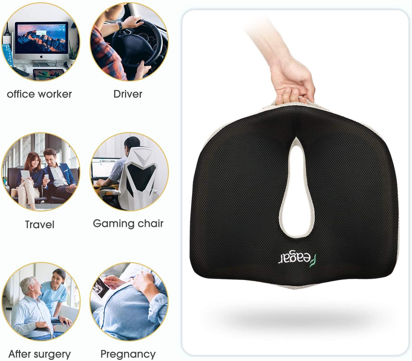 Feagar Gel-Sitzkissen, orthopädisches Memory-Schaum-Sitzkissen, ergonomisches Sitzkissen mit Gel für Bürostuhl, Auto, Rollstuhl, Steißbeinkissen, Stuhlkissen, Sitzkissen, Zuhause im Freien – Bild 6
