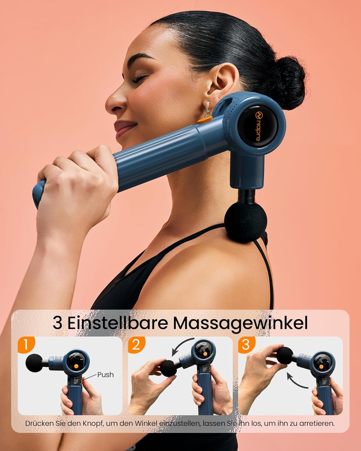 Napre Massagepistole, Massagepistole mit Verlängerungsgriff und 3 verstellbaren Winkeln, Muskel-Percussion-Massagegerät für Rücken/Nacken/Schulter-Entspannung, Handmassagegerät, Blau – Bild 2