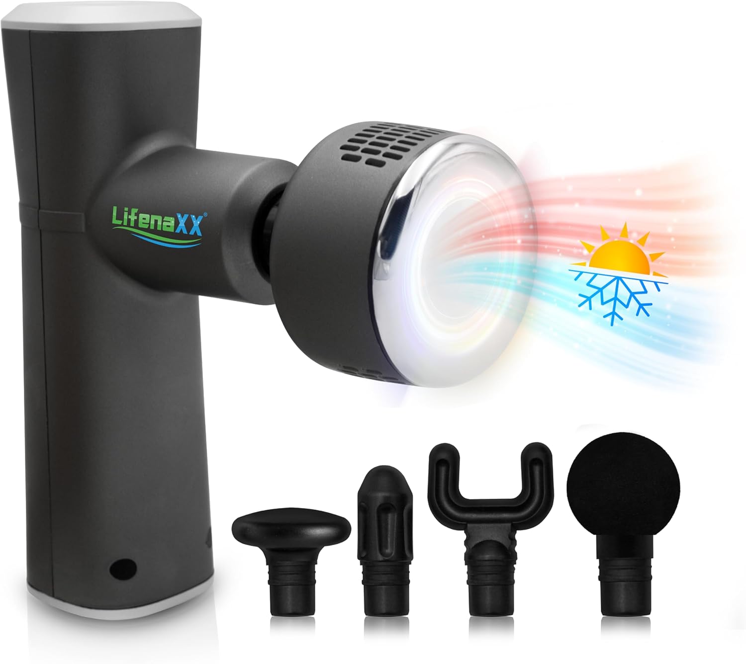 Lifenaxx Muskelmassagegerät Heat Cold Therapy Pro LX-041 Massagepistole mit Wärmefunktion und Kältefunktion in 6 Stufen, 5 Massageköpfe, 2000 mAh Akkulaufzeit