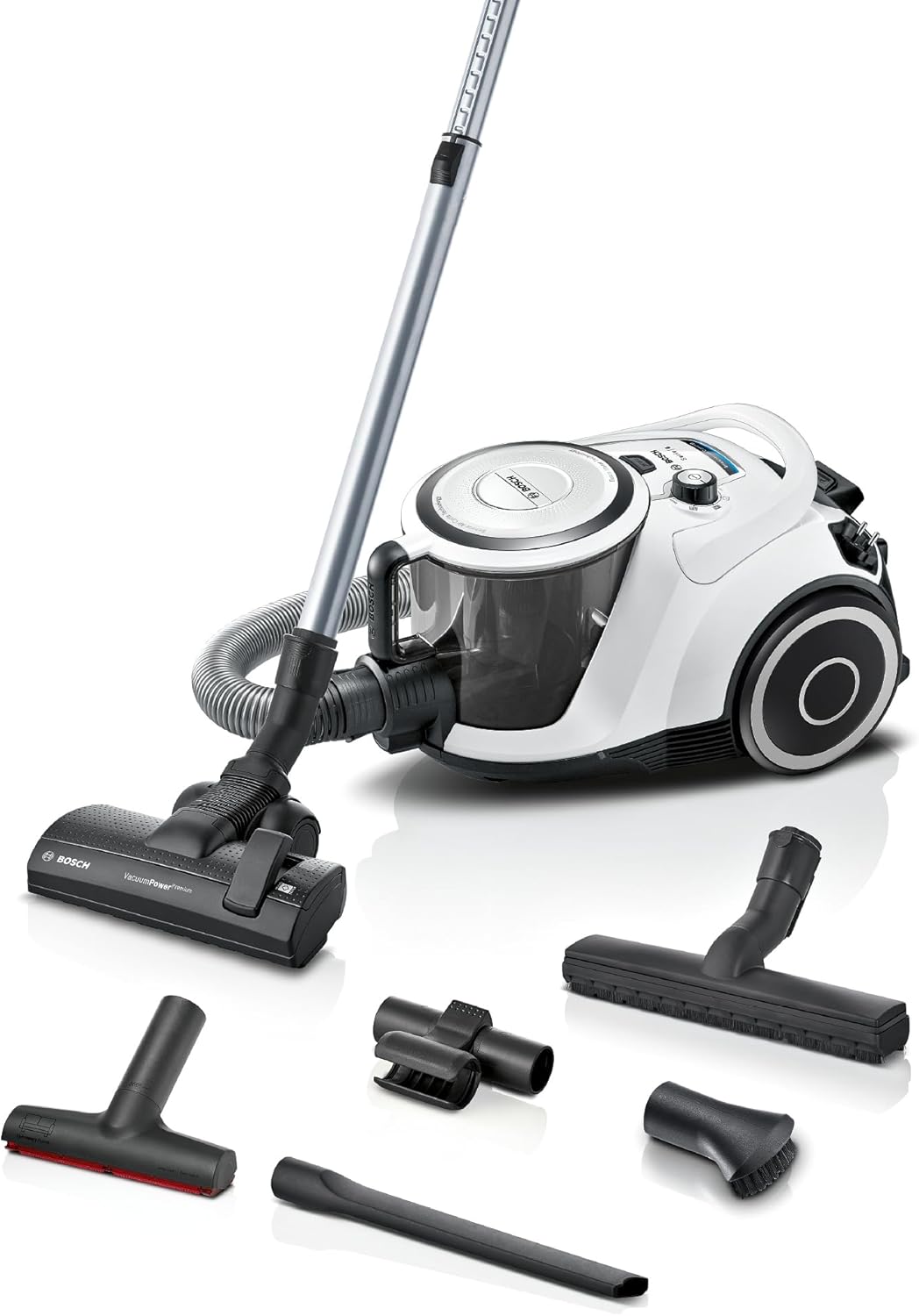 Bosch Bagless Series 6 BGC41XALL Staubsauger, Bodenstaubsauger, Testsieger, ideal für Allergiker, Hygienefilter, Hartbodendüse, XXL-Polsterdüse, hohe Saugleistung, leise, 700 W, weiß