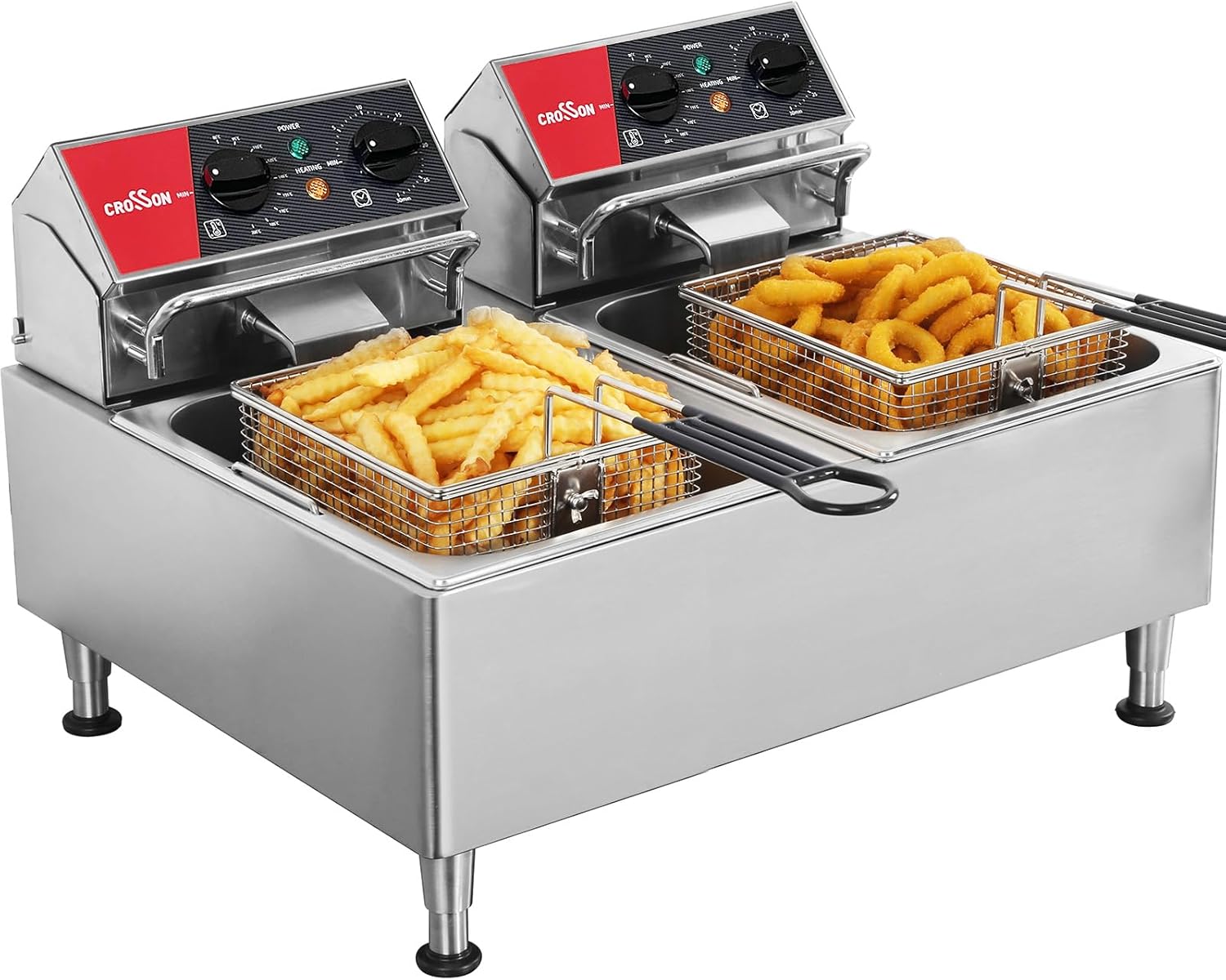 CROSSON 12L elektrische Fritteuse mit Doppeltank und rotierendem Frittierkopf, 30-Minuten-Timer, EGO-Thermostat, Arbeitsplattenfritteuse für den gewerblichen Einsatz