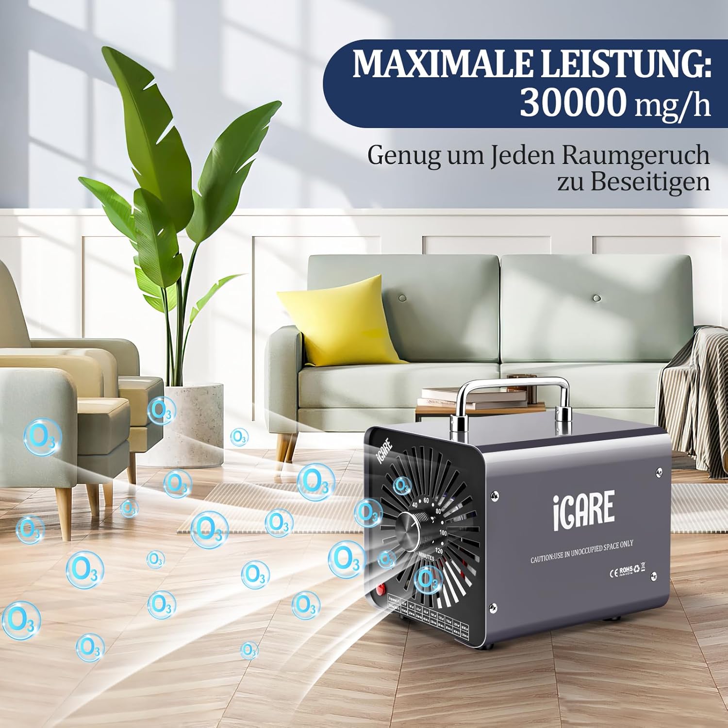 ICARE Ozongenerator 30.000 mg/h Ozongerät, Ozonisator Industrieller O3-Ozon-Luftreiniger mit 120-Min-Timer für 300㎡ Geruchsbeseitiger Geruchsneutralisator für Auto-, Rauch-, Haustiergerüche, Küchengerüche – Bild 4