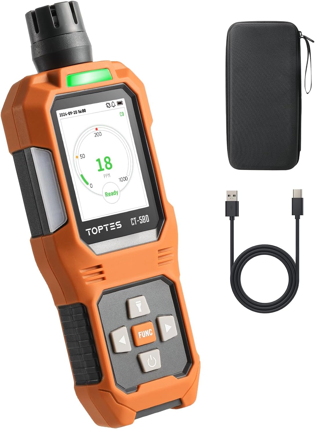 TOPTES CT-580 Kohlenmonoxidmelder, wiederaufladbarer CO-Melder mit Vibration, visuellen und akustischen Alarmen, tragbarer CO-Alarm, 0–1000 ppm, TFT-Farbdisplay für Zuhause, Auto, Camping und Reisen
