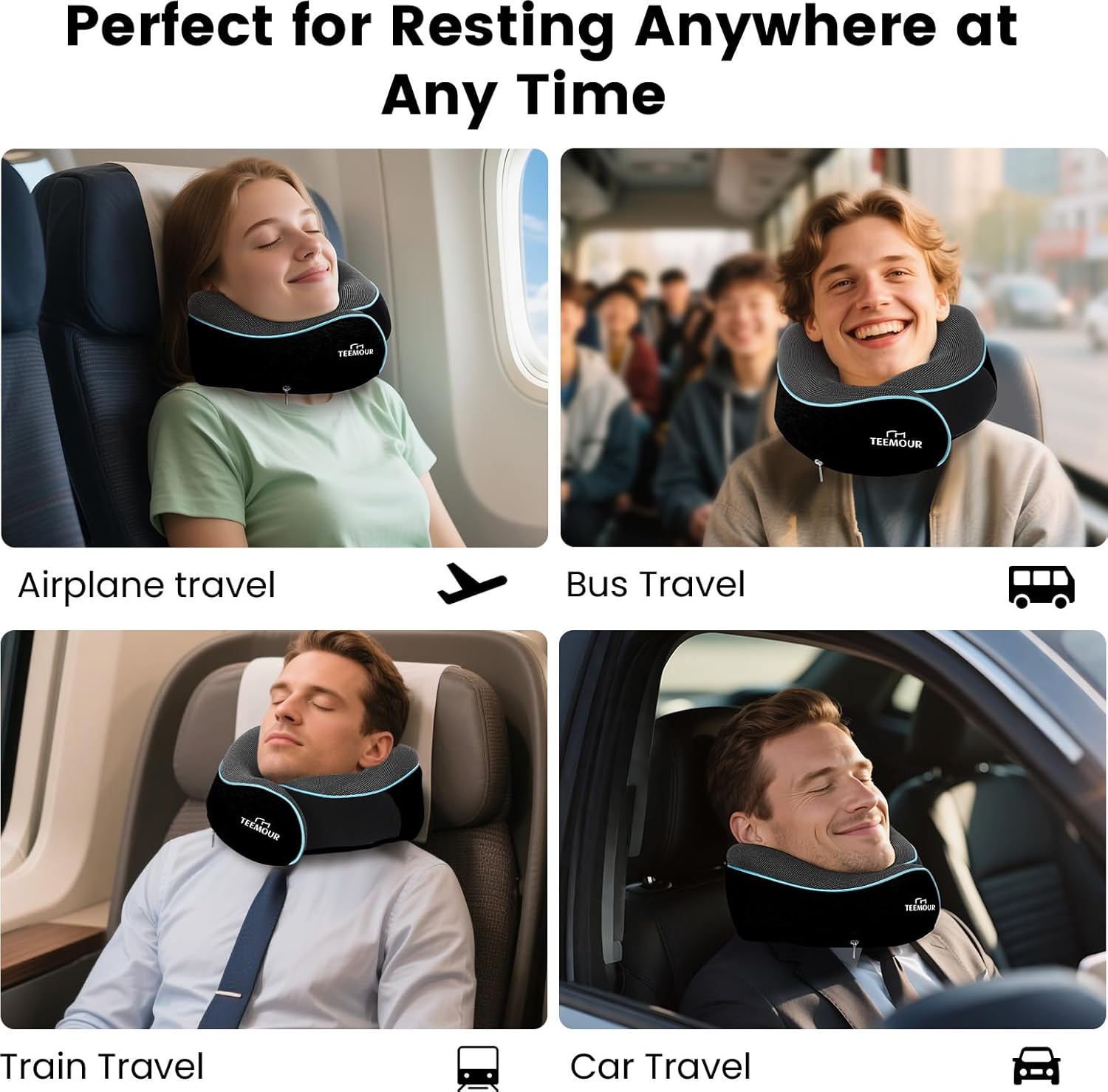 Nackenkissen Flugzeug Memory Foam Flugkissen mit Stütze inkl. Aufbewahrungstasche, Augenmaske, Ohrstöpsel, verstellbares Reisekissen für lange Flüge, Zug, Auto & Geschäftsreisen (Schwarz) – Bild 6