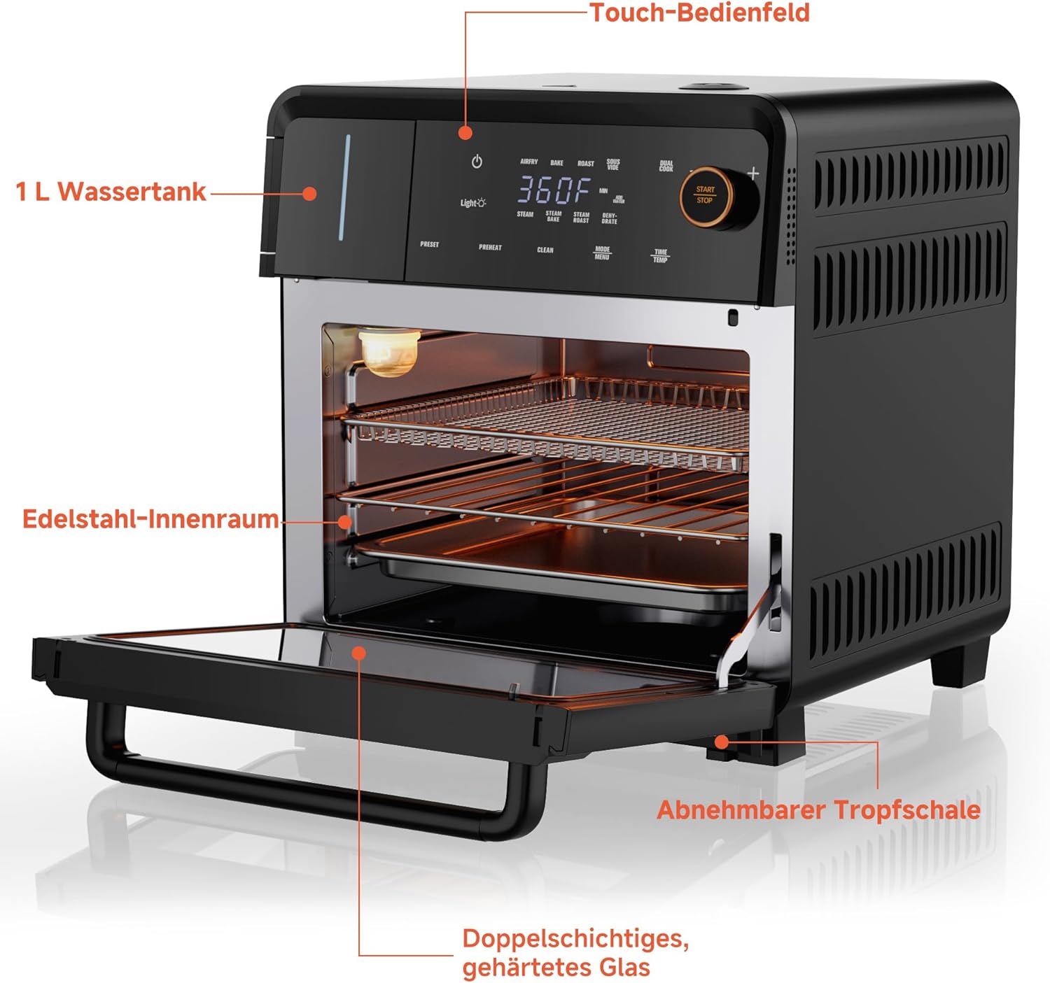 OUNIN Dampfbackofen 18 L, 11-in-1-Ofen mit Dampffunktion, Dual-Cook, Backen, Braten, Trocknen und Selbstreinigung, 360° gleichmäßige Wärmeverteilung, Edelstahl-Innenraum, platzsparend – Bild 7