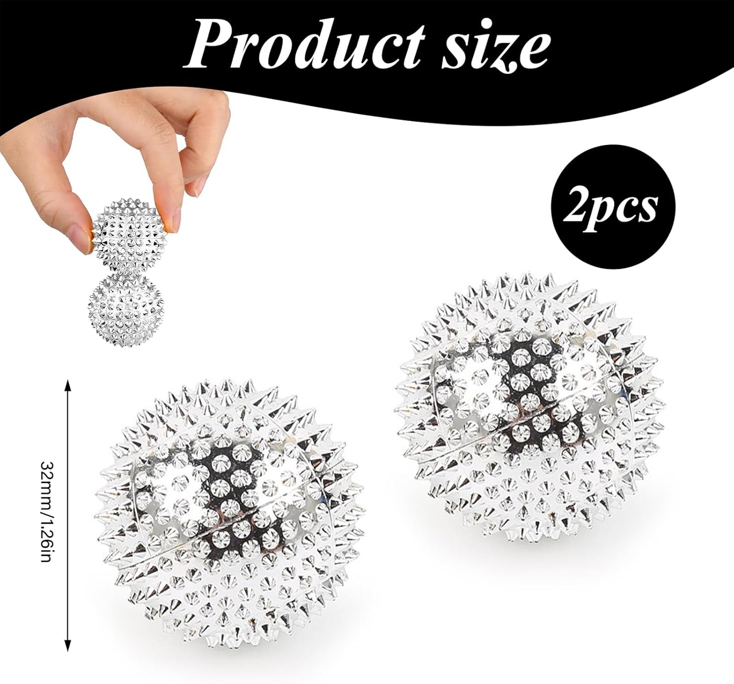 2 Stücke Skills Igelball Metall, Magnetische Akupressurkugeln, Akupressur Massagegerät Klein 32mm Durchmesser für Stressabbau Oder Massage, Gegenanspannung, Mehr Beweglichkeit, Konzentration (Sliber) – Bild 2