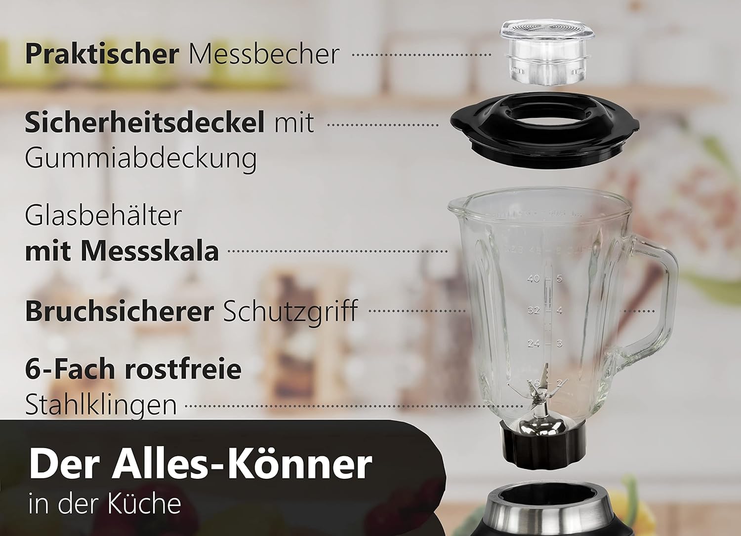 Standmixer 800 Watt, 6-fach Metallmesser, 1,5 Liter, 5 Stufen, Glas, Edelstahl, Pulse-Funktion, Universal-Powermixer, Protein-Shaker, Handmixer, Eis-Crusher, Zerkleinerer, Smoothie-Maker, Standmixer – Bild 5