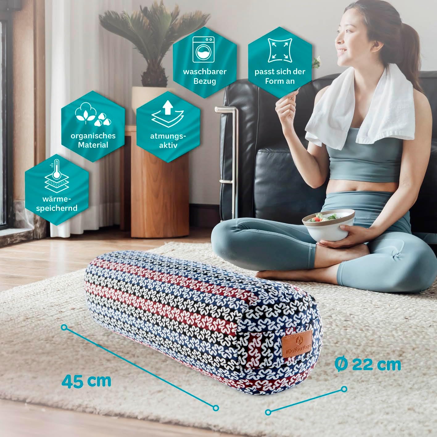 Rundes Yoga Bolster „Krishna“ mit Bio-Dinkelspelz / Länge ca. 68 cm und Durchmesser ca. 22 cm - Yogakissen / Dinkelspelzfüllung / maschinenwaschbar und hautfreundlich / Sitzkissen / Meditation – Bild 4