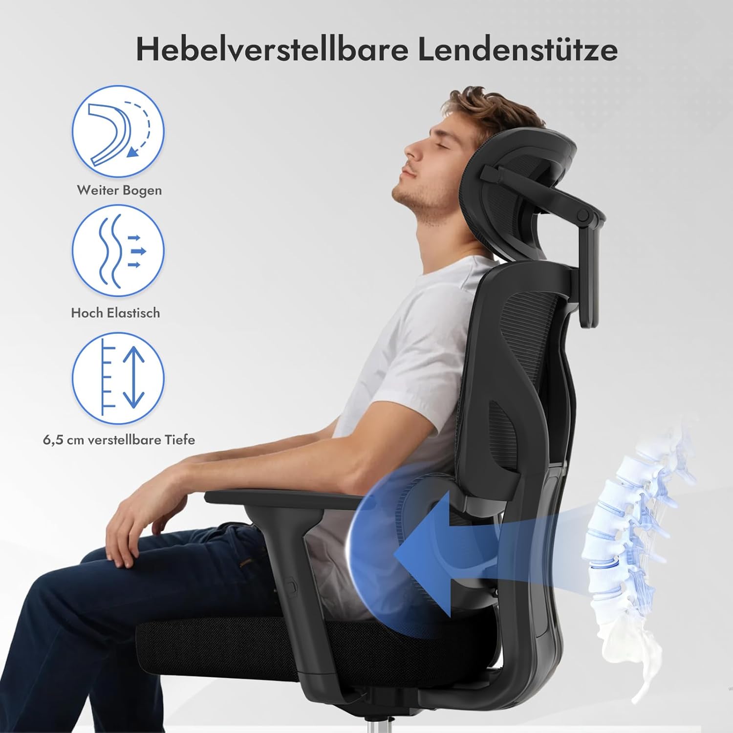 Bürostuhl, Schreibtischstuhl mit 3D-Armlehnen, ergonomischer Stuhl mit verstellbarer Netz-Kopfstütze, adaptive Lordosenstütze, Netzstuhl für Heimbüro-Gaming, Schwarz – Bild 5