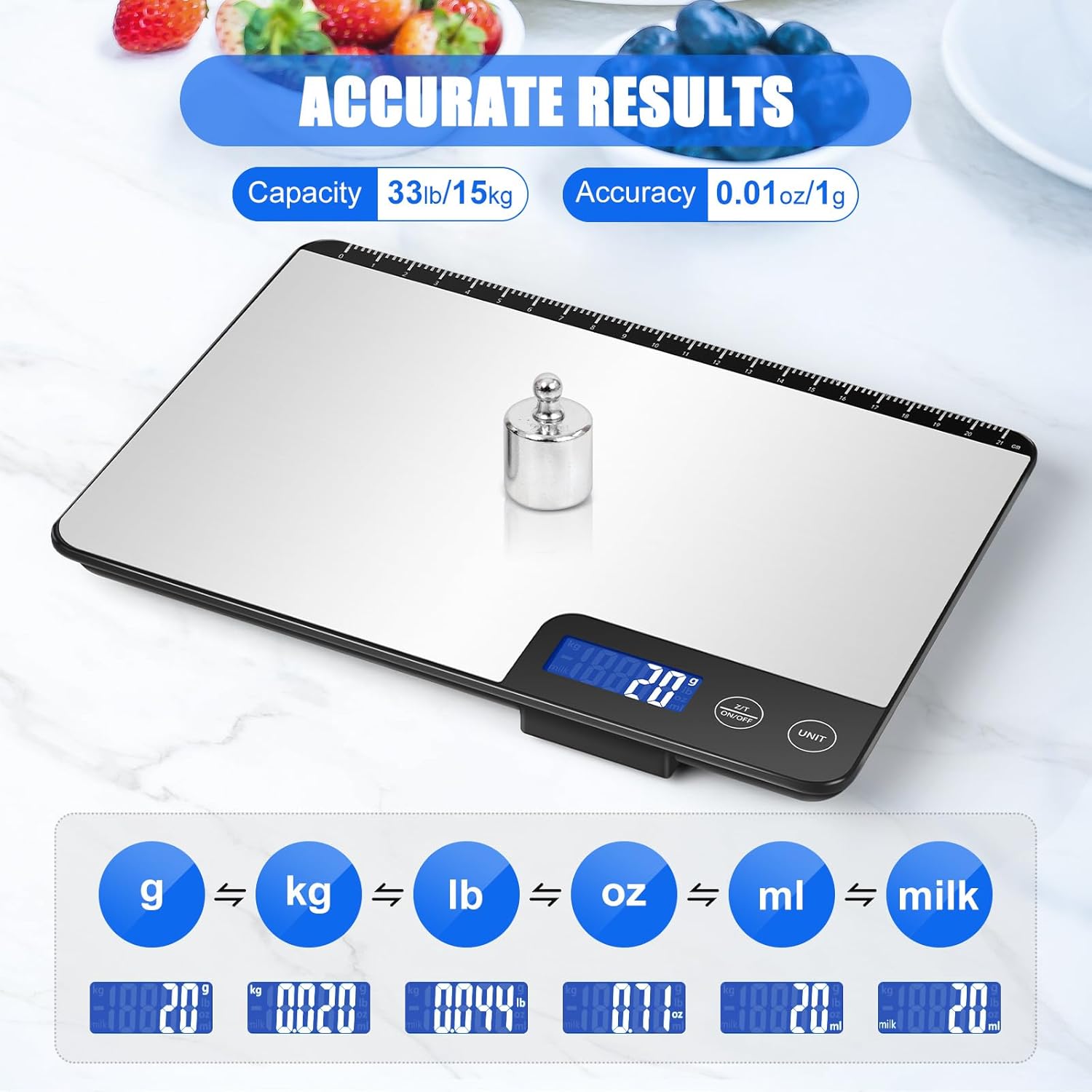 Große digitale Küchenwaage 15 kg, präzise Lebensmittelwaage mit 1 g Genauigkeit, individuelle automatische Abschaltung (3, 10 und 60 Minuten), LCD-Display, Gramm und Unzen, ideal für Zuhause, Kochen und Backen – Bild 4