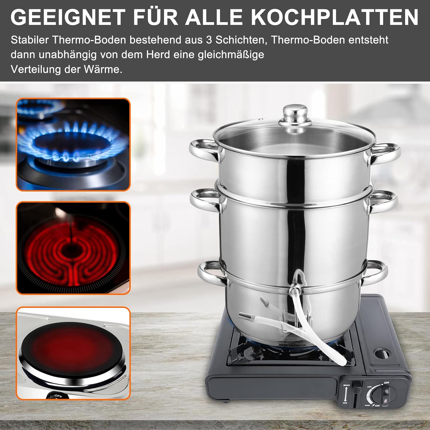 Dampfentsafter Ø 26/16 L, Entsafter aus Edelstahl, für alle Herdarten geeignet, Wasserbehälter ca. 4,5 Liter, schonendes Entsaften von Obst und Gemüse mit 4 Bügelflaschen, Silber – Bild 5