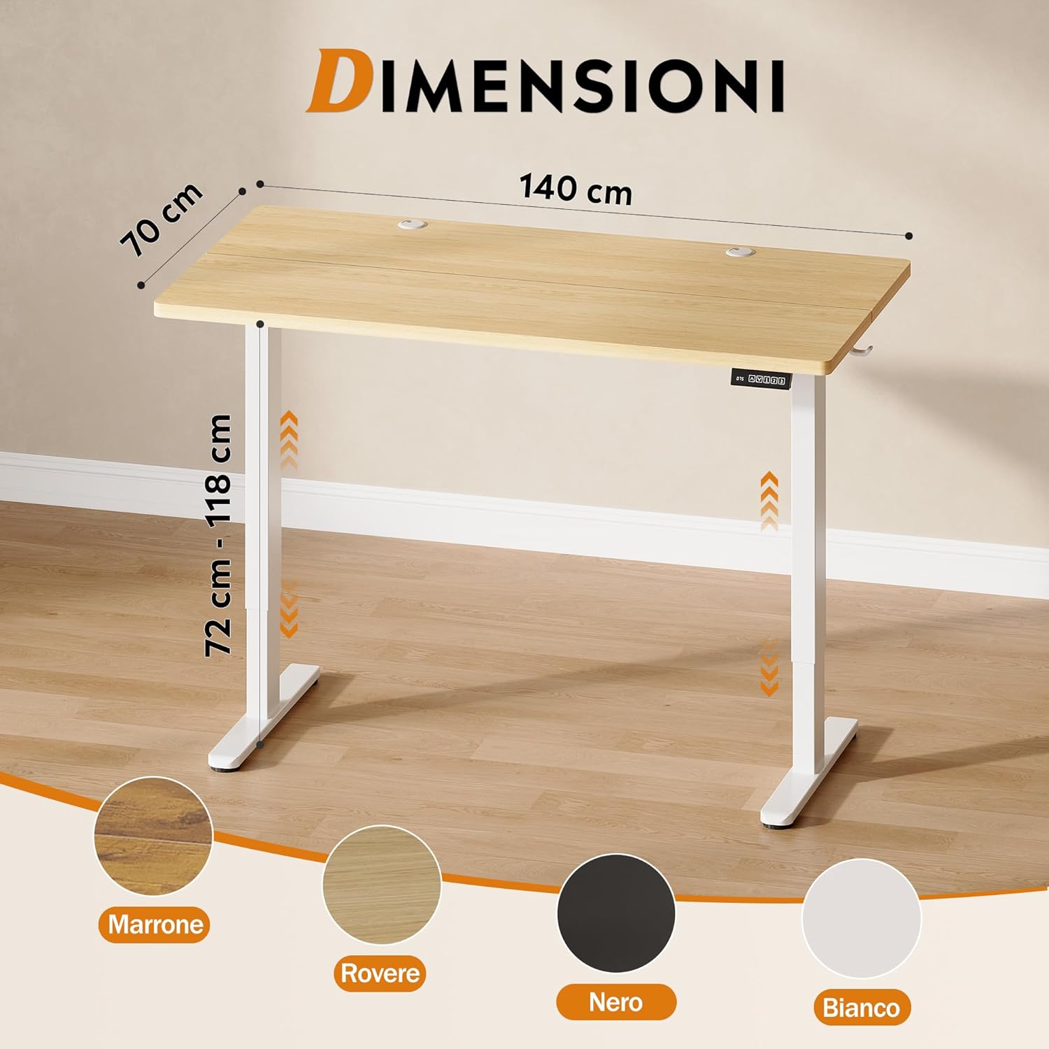 DEVAISE Höhenverstellbarer Schreibtisch, 140 x 70 cm, mit leisem Motor und Memory-Funktion für 3 Höhen, Sitz-Steh-Schreibtisch, Höhenverstellung 72-118 cm, ergonomischer Computertisch für Büro, Farbe Eiche – Bild 3