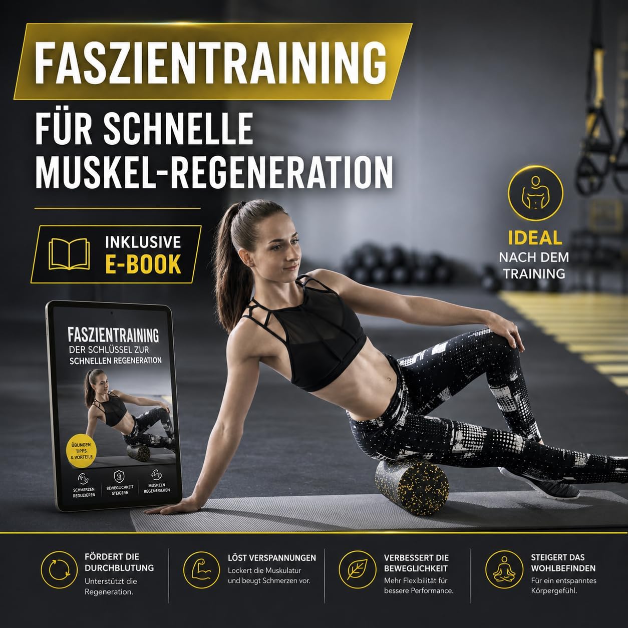 Faszienroller aus Schaumstoff mittelhart I 30 x 15 cm große Rückenmassagerolle mit 25 % Recyclinganteil I Rückenrolle I Schwarze Schaumstoffrolle – Bild 3