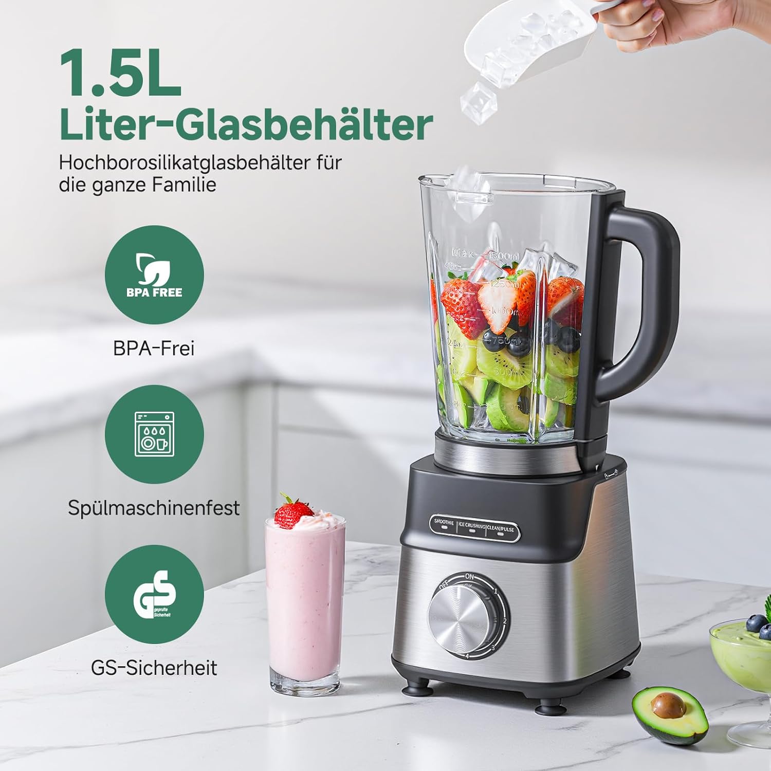 AMZCHEF Standmixer Gas-Smoothie-Maker mit Glasbehälter und 6-Klingen-System – Hochleistungsmixer 1200 W für Smoothies, Eis und Shakes, 5-Stufen-Steuerung mit Impuls und Selbstreinigung – Bild 2