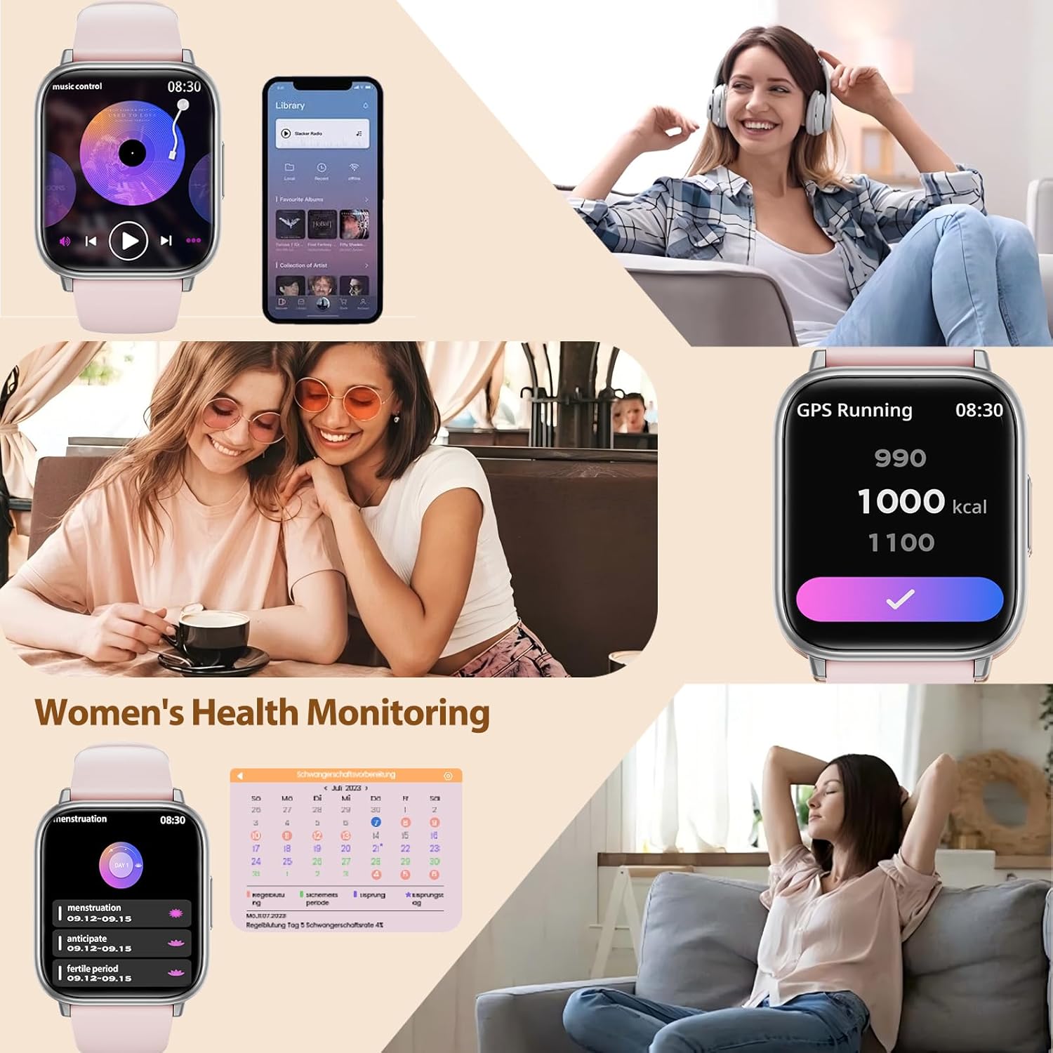 Damen-Smartwatch mit Telefonfunktion, 3 Armbänder, 1,83 Zoll HD-Smartwatch mit 24-Stunden-Herzfrequenzüberwachung, SpO2-Schlafüberwachung, IP68 wasserdicht, 120+ Sportmodi, Schrittzähler, Fitness-Tracker für iOS – Bild 4