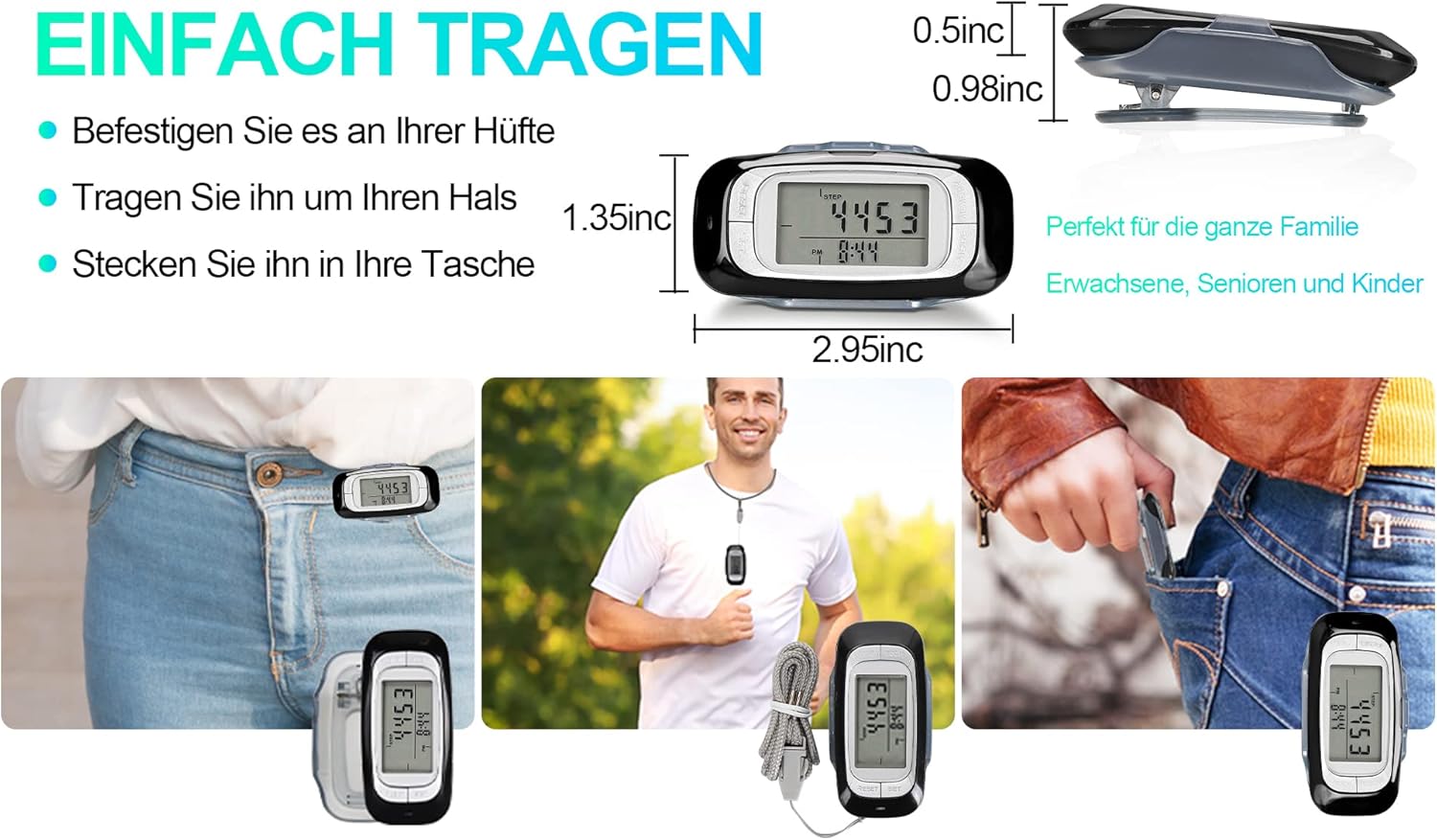 LEBEXY Schrittzähler-Clip, einfacher Schrittzähler, Fitness-Tracker, Bedienung, Testsieger, Schritt/Distanz/Kalorien/Zähler, ohne Bluetooth/App/Handy mit großem Display – Bild 6