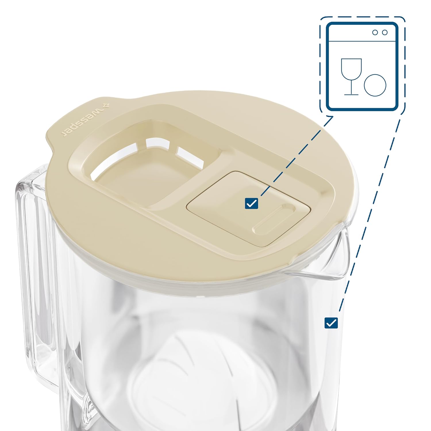 Wessper Glas-Wasserfilterkanne mit Wasserfilterkartuschen für Trinkwasser 2 L, Glaskanne mit intelligentem Filterzähler, Set inklusive 1 x Filter mit Aktivkohle Beige – Bild 4