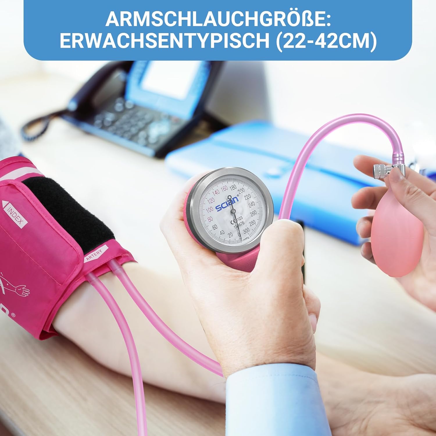 SCIAN Manuelles Blutdruckmessgerät mit europäischer Blutdruckmanschette (22–42 cm) und D-Ring + Tragetasche für Krankenschwestern, Ärzte, Senioren, Erwachsene, Pink – Bild 4
