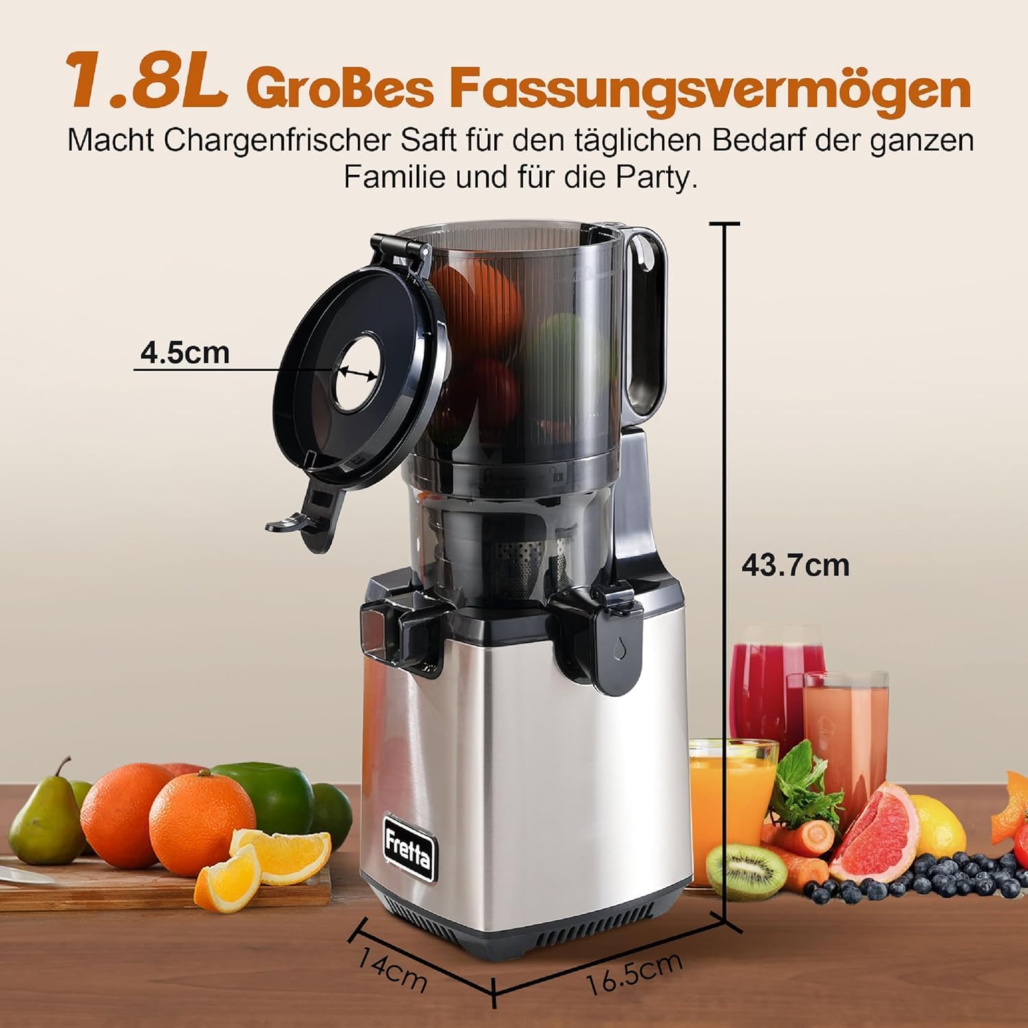 Fretta Entsafter Slow Juicer Entsafter Gemüse und Obst Testsieger, 250W Edelstahl Entsafter Maschine, elektrische Fruchtpresse, Kaltpressung, 130mm große Öffnung, leicht zu reinigen (Edelstahl) – Bild 4