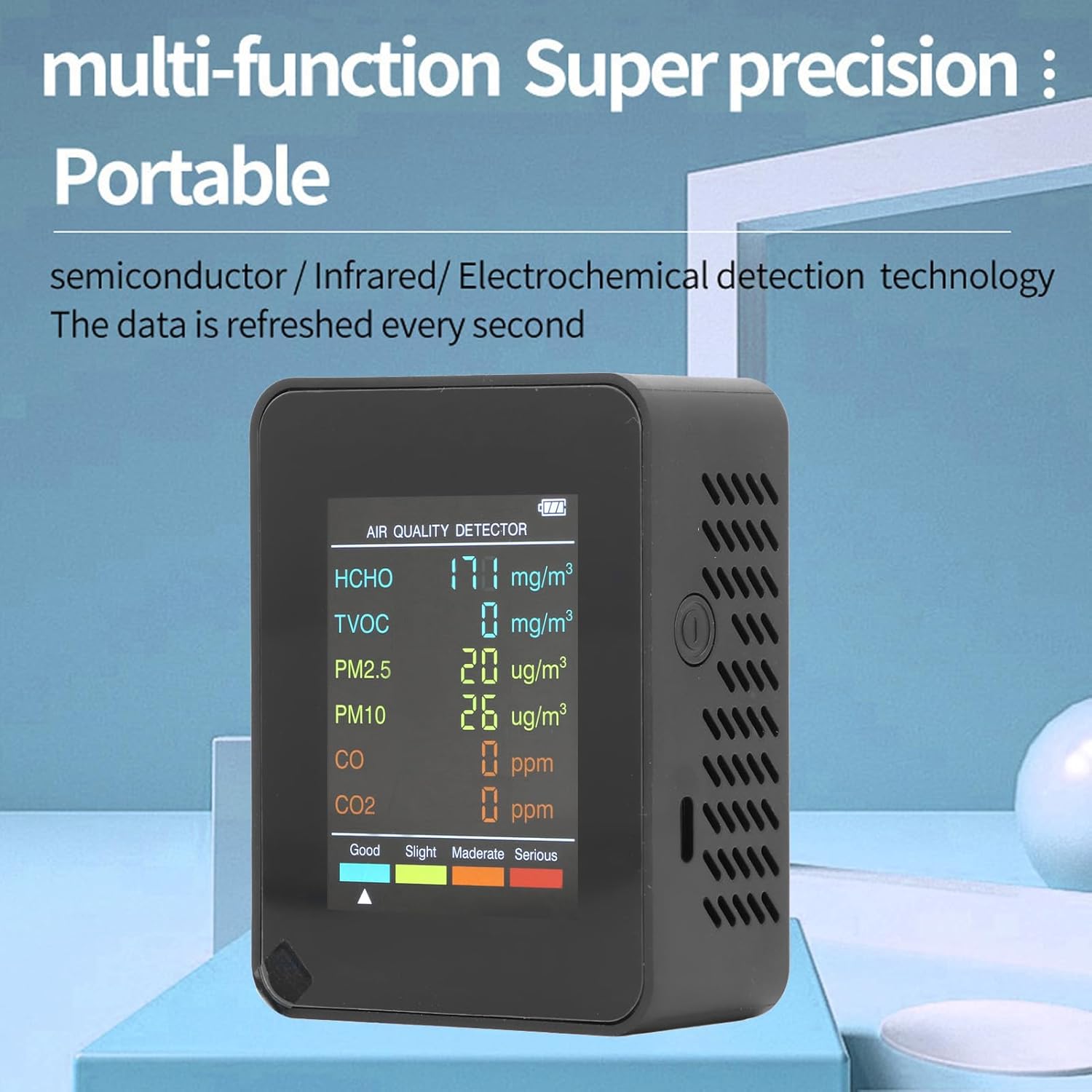 lyrlody Luftqualitätsmonitor zur Überwachung der Luftqualität, Luftqualitätsmessgerät mit LCD-Hintergrundbeleuchtung und CO₂-TVOC-HCHO-PM2,5-PM10-Messung für die Prüfung der Luftqualität in Innenräumen (schwarz) – Bild 2