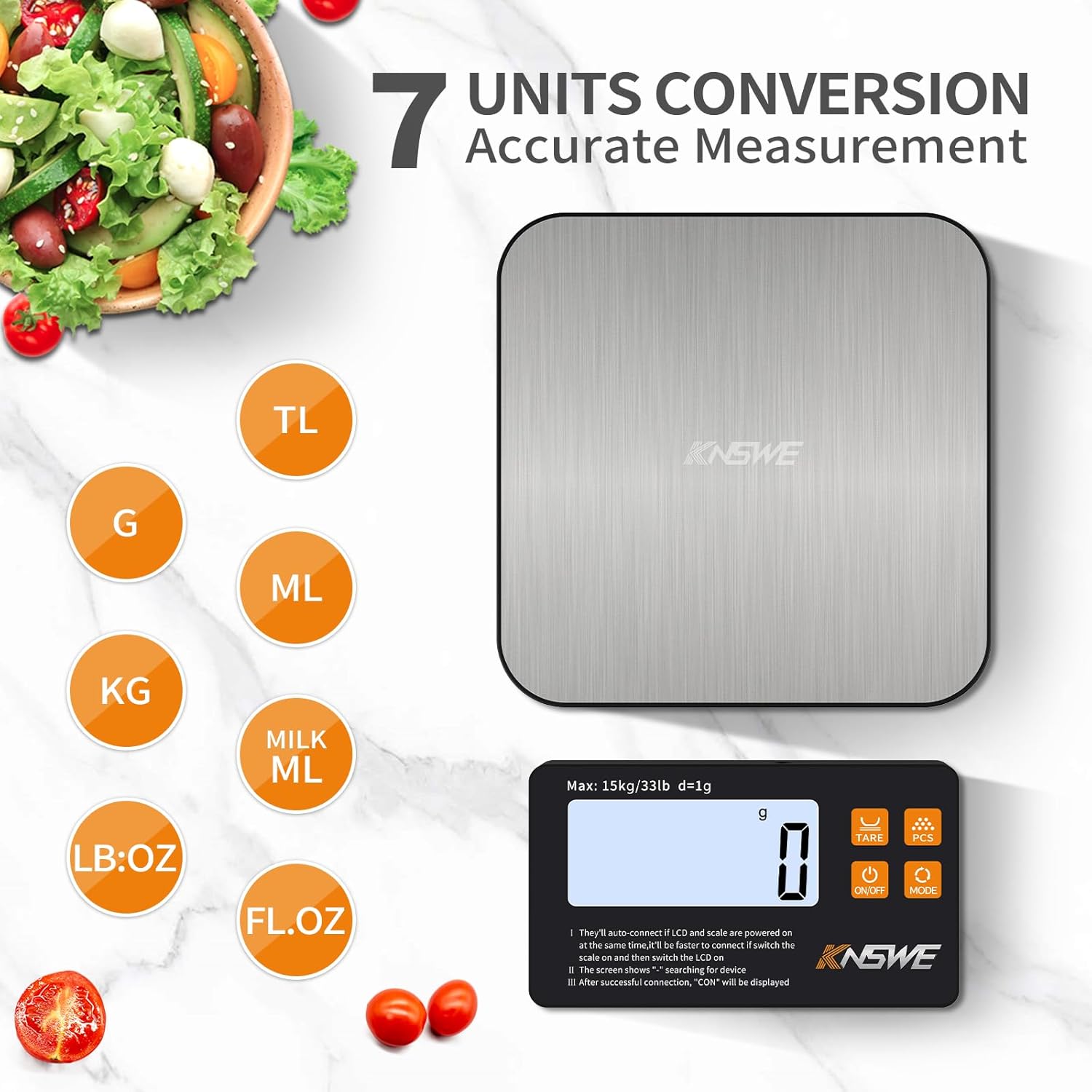 Digitale Küchenwaage mit kabellosem geteiltem LCD-Display, 1 g/15 kg, genaue Präzisionswaage, Küche, Lebensmittelwaage aus Edelstahl 304, Tarafunktion, 7 Einheiten, digitale Waage, Gramm zum Backen, Kochen von Lebensmitteln – Bild 3