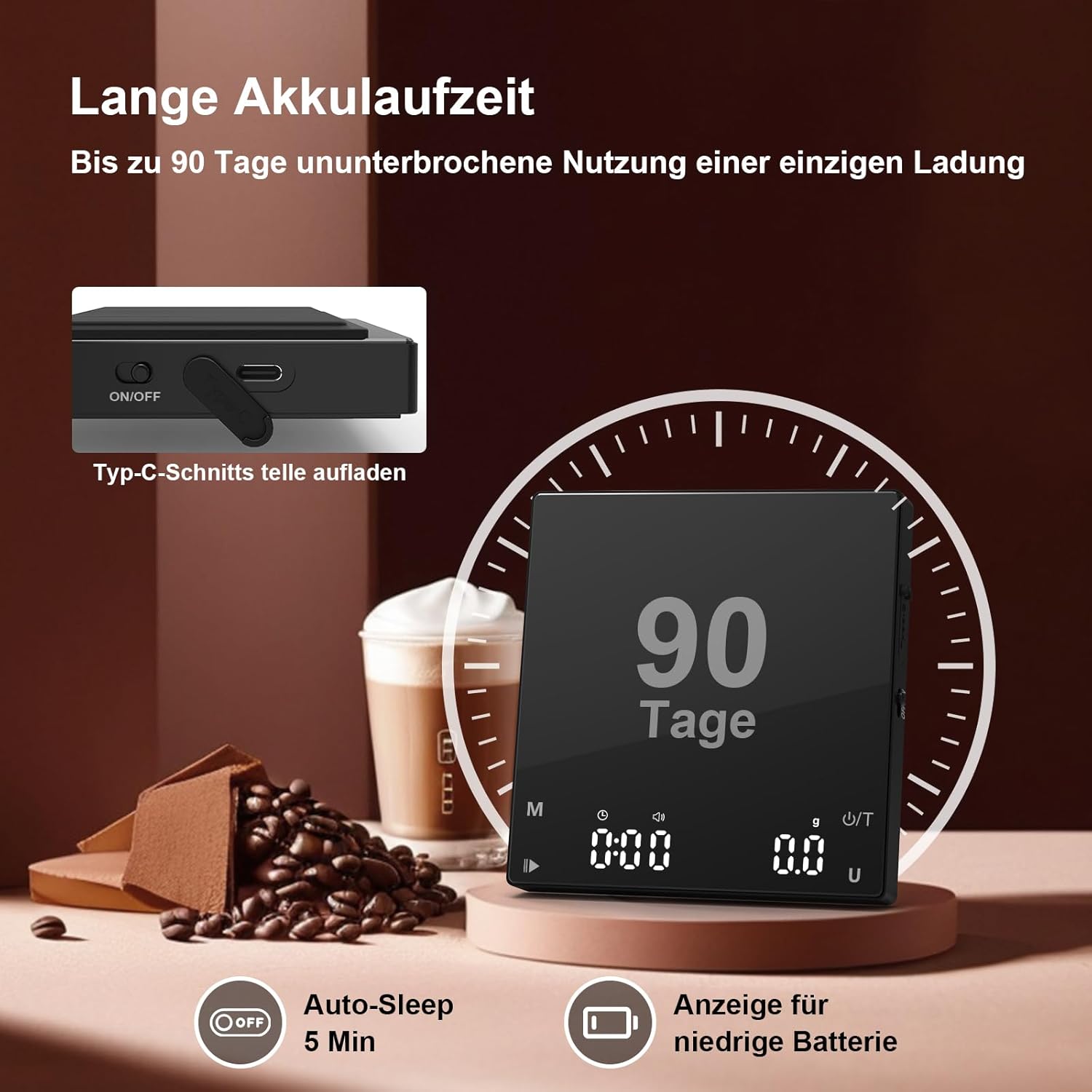 Diyife Wiederaufladbare Mini-Kaffeewaage mit Timer, tragbare Kaffeewaage, Heim-Espressowaage, Präzisionswaage, 2 kg, digitale Küchenwaage mit automatischer Zeitmessung, Touch-Bedienung – Bild 5