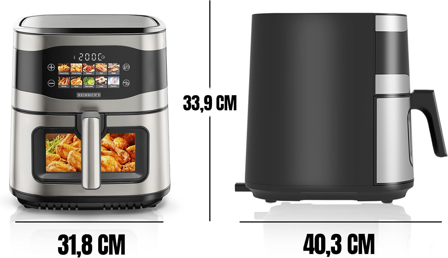 HEINRICHS Heißluftfritteuse, 9 Liter XXL-Luftfritteuse, 10-in-1-Heißluftfritteuse, LED-Display mit Sensor-Touch-Steuerung, fettfreie Zubereitung, inklusive Timer, platzsparend, spülmaschinenfester Korb, 1800 W – Bild 3