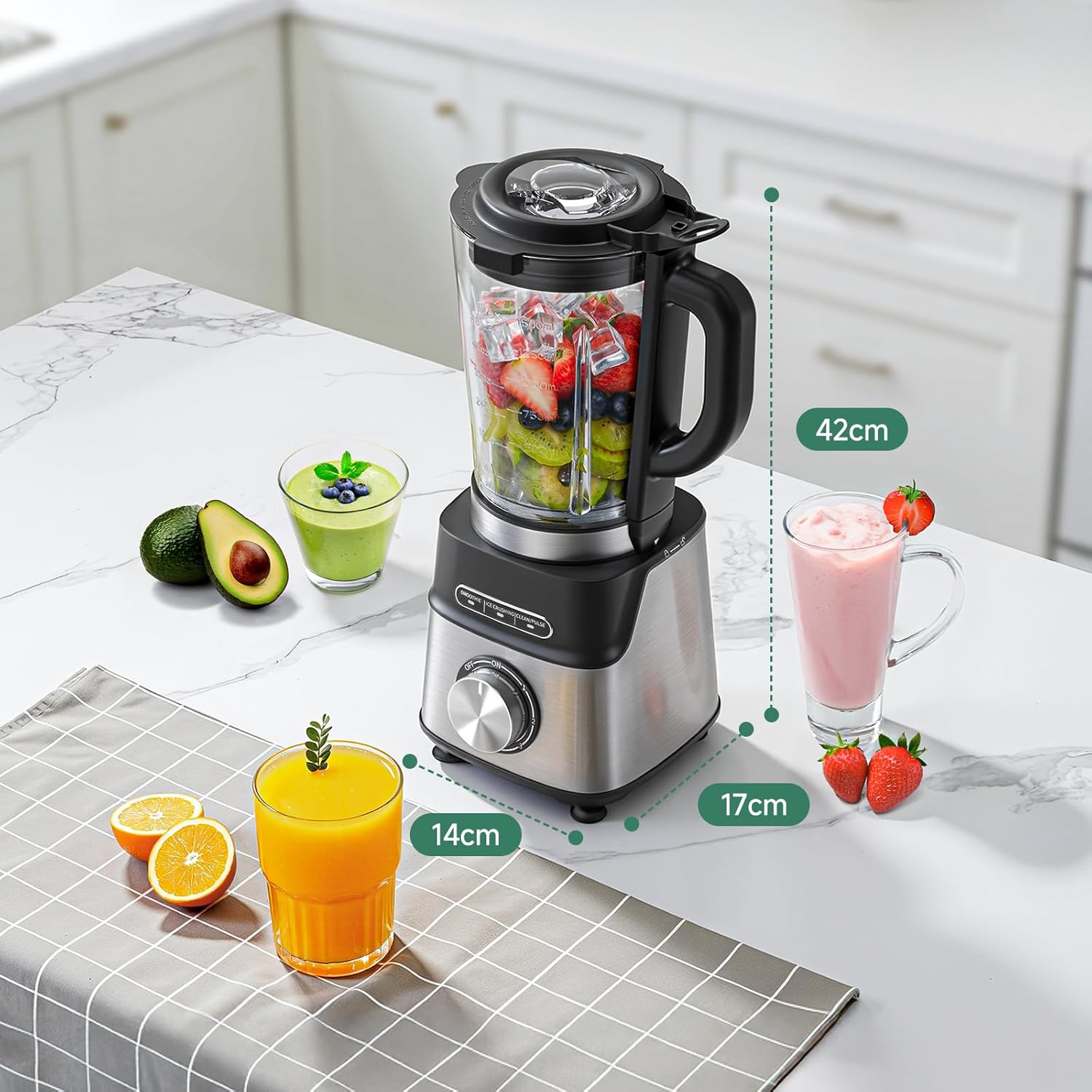 AMZCHEF Standmixer Gas-Smoothie-Maker mit Glasbehälter und 6-Klingen-System – Hochleistungsmixer 1200 W für Smoothies, Eis und Shakes, 5-Stufen-Steuerung mit Impuls und Selbstreinigung – Bild 11