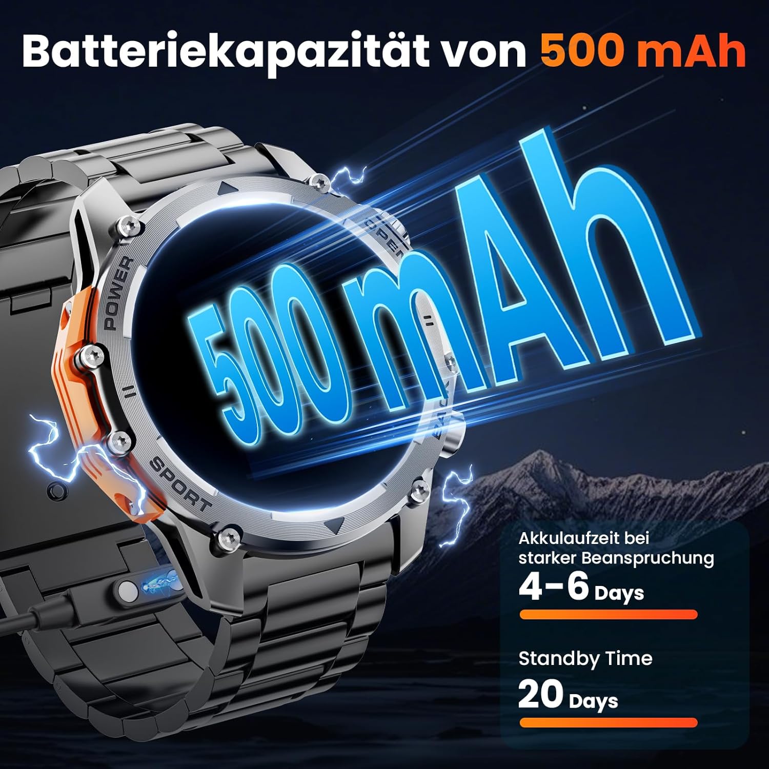 Herren Smartwatch 1,52 Zoll HD Smart Watch mit 500 mAh langer Akkulaufzeit, 114+ Sportmodi, Fitnessuhr im Militärstil mit Herzfrequenz/Schrittzähler/Schlafmonitor/Taschenlampe, Android iOS Herrenuhren – Bild 5