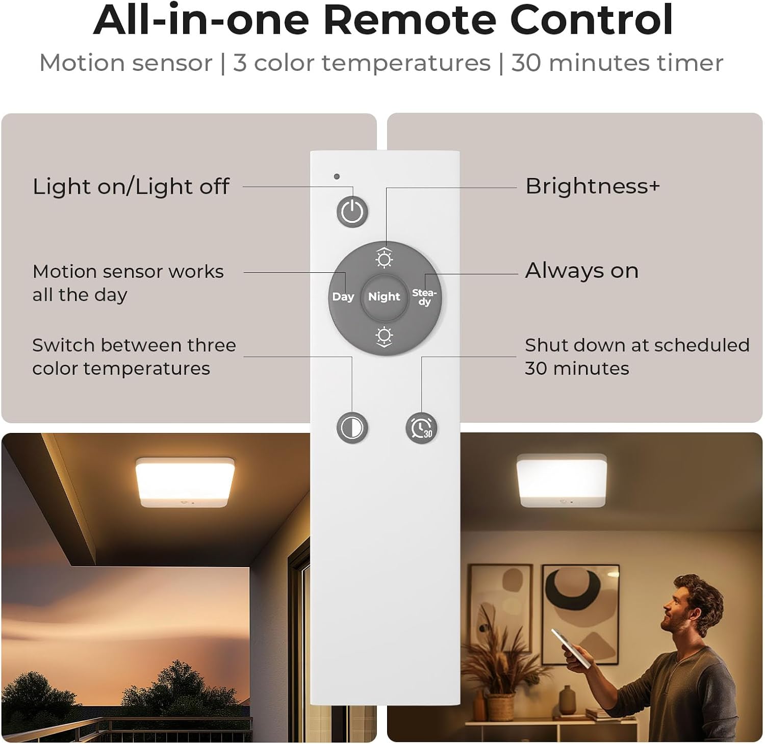FULEN Badezimmer-Deckenleuchte mit Bewegungsmelder, kabellose LED-Deckenleuchte, dimmbar mit Akku, wiederaufladbar, 3 Farbtemperaturen, Fernbedienung mit Timer, Lampe Decke für Flur, Keller, Treppenhaus – Bild 5