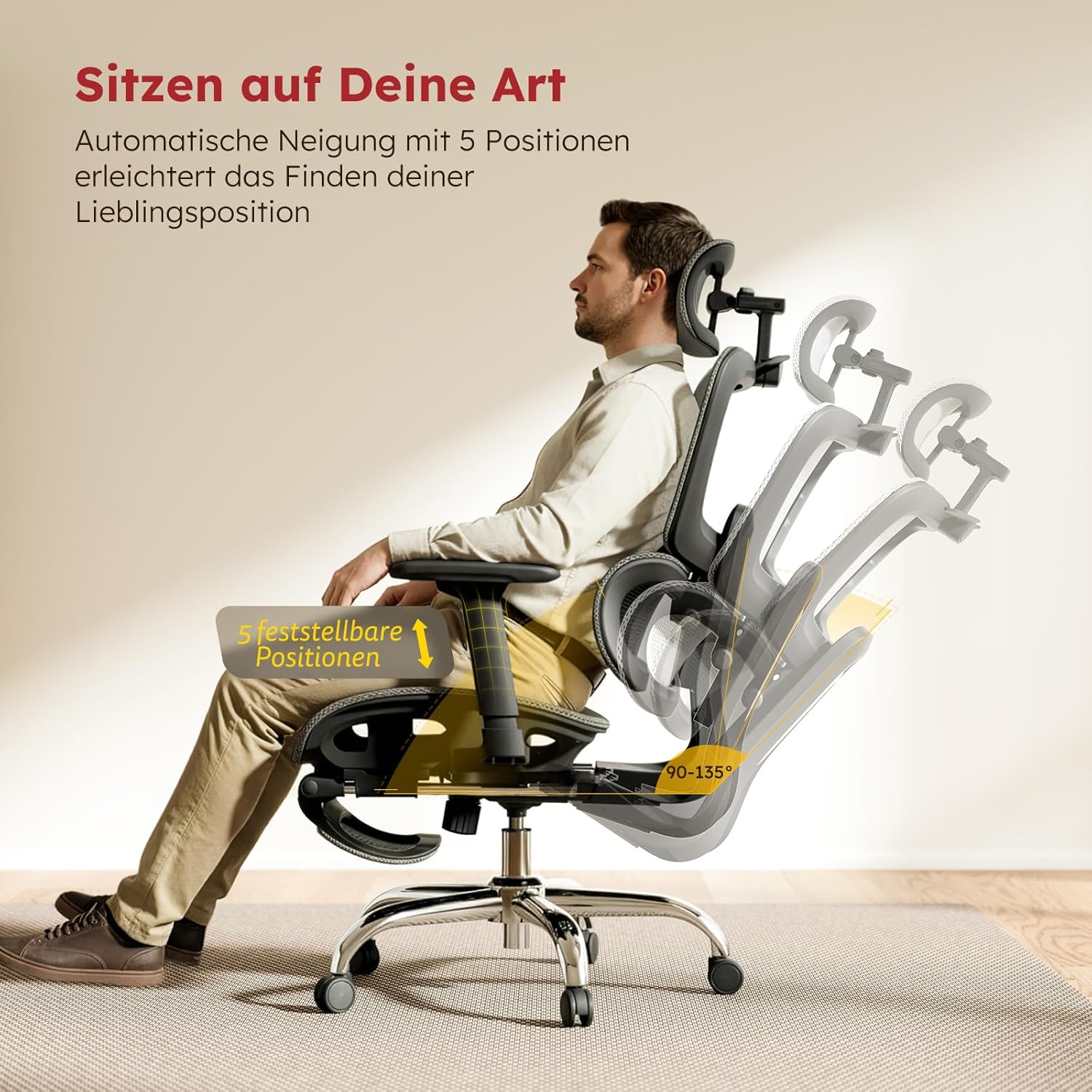 Ergonomischer Bürostuhl aus Vollnetz mit abnehmbarem Kissen, Fußstütze, höhenverstellbarer Rückenlehne, Kopfstütze und Armlehnen, selbsteinstellender Lordosenstütze, PU-Rädern, 360° drehbar, 150 kg, Dunkelgrau – Bild 7