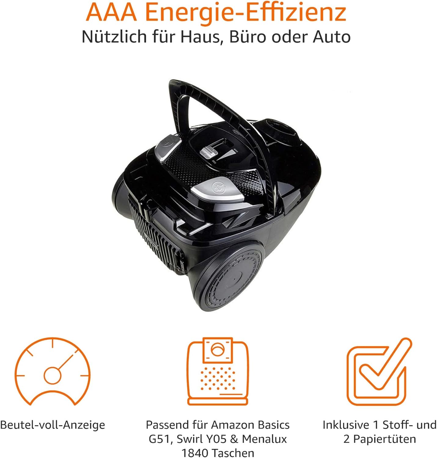 Amazon Basics VCB35B15C-1J7W-70 Leistungsstarker, kompakter und leichter Staubsauger für Hartteppiche mit Beuteln – HEPA-Filter, 700 W, 1,5 l, EU, Schwarz – Bild 6