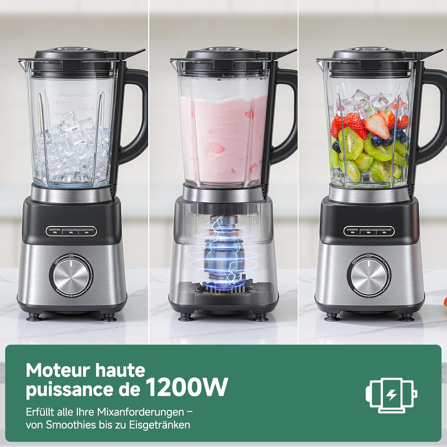 AMZCHEF Standmixer Gas-Smoothie-Maker mit Glasbehälter und 6-Klingen-System – Hochleistungsmixer 1200 W für Smoothies, Eis und Shakes, 5-Stufen-Steuerung mit Impuls und Selbstreinigung – Bild 3