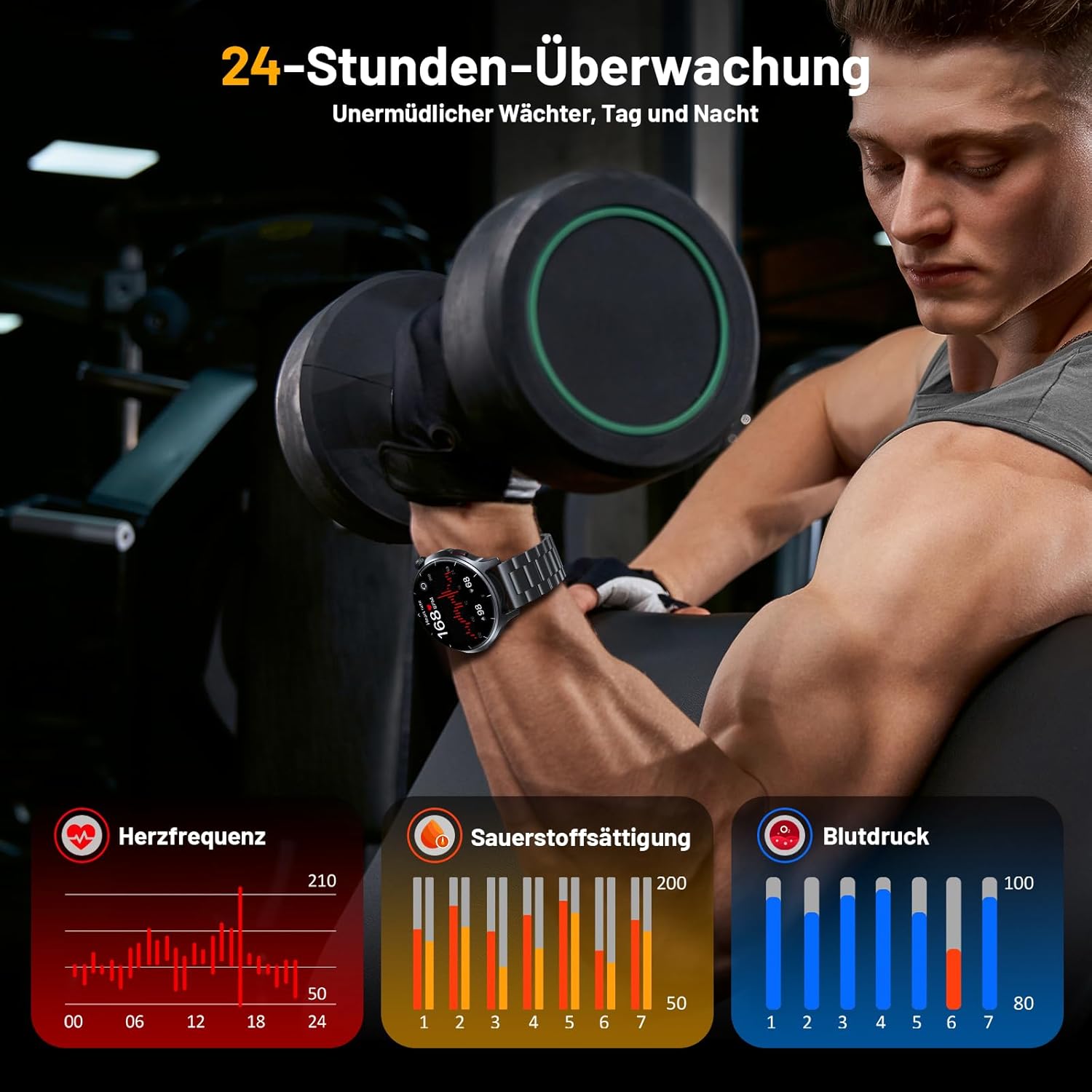 SLOKSFil Smartwatch Herren 1000 mAh Akku/1,52 Zoll HD Touchscreen, mit Bluetooth Anrufen/110+ Sportmodi/24H Herzfrequenz/IP68 Wasserdicht/Schlafmonitor, Schrittzähler, Fitnessuhr, Android iOS (Schwarz) – Bild 4