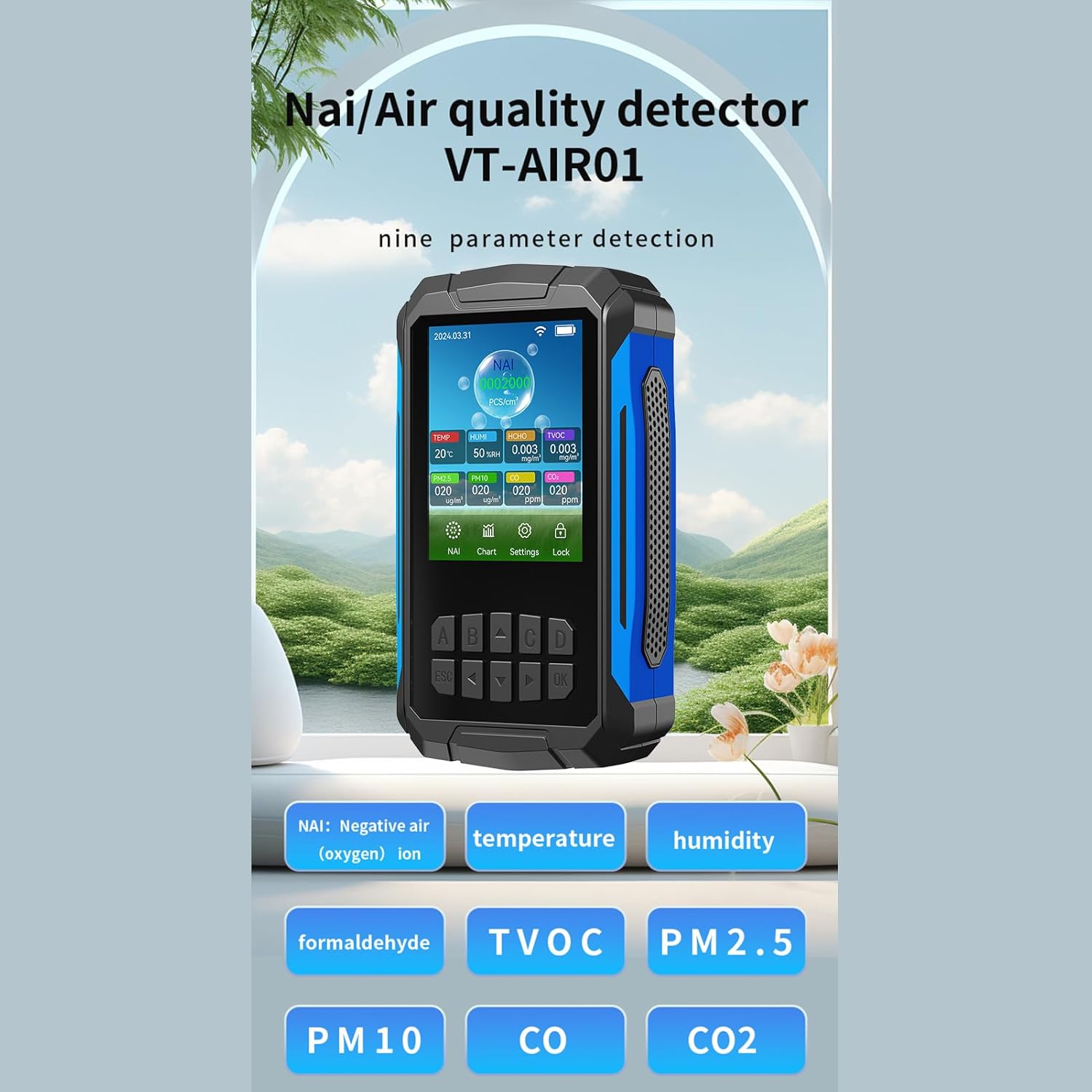 FTVOGUE Luftqualitätsmonitor Tragbarer Lufttester Negative Ionenkonzentration Temperatur Luftfeuchtigkeit VOC PM2,5 PM10 CO CO2-Erkennung für Zuhause, Auto, Büro VT-AIR01 Schwarz – Bild 4