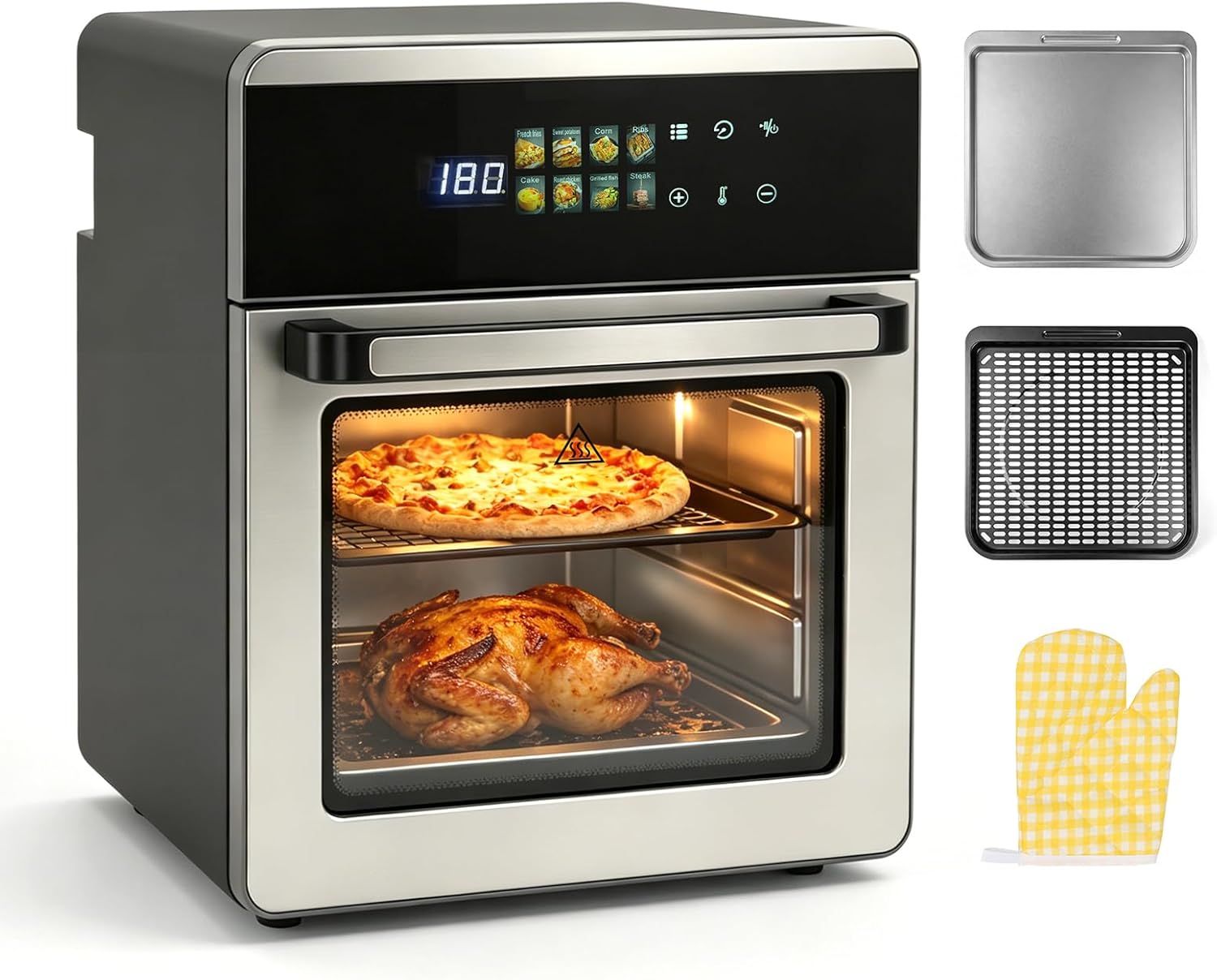 Heißluftfritteuse, 16 Liter, Edelstahl, 8-in-1-Multifunktionsofen, Heißluftfritteuse und Backofen, Airfryer, Grillen, Backen, inklusive Backblech, Trockenblech, Ofenrost, Edelstahl