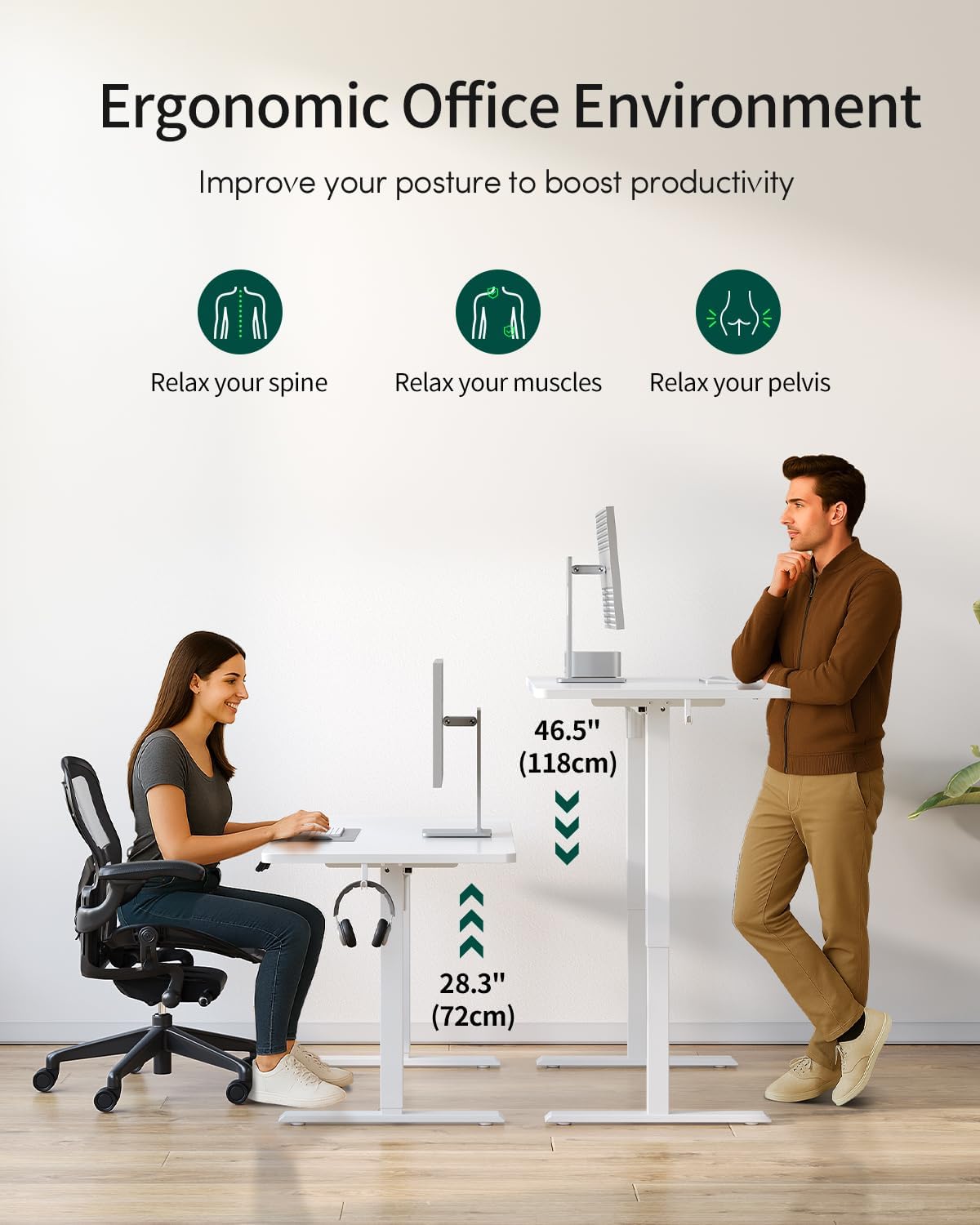 FEZIBO Höhenverstellbarer Schreibtisch, einteilige Tischplatte, 120 x 60 cm, höhenverstellbar mit USB-A- und USB-C-Ladeanschlüssen, Stehsitztisch für Home Office, Stehschreibtisch, Weiß – Bild 9
