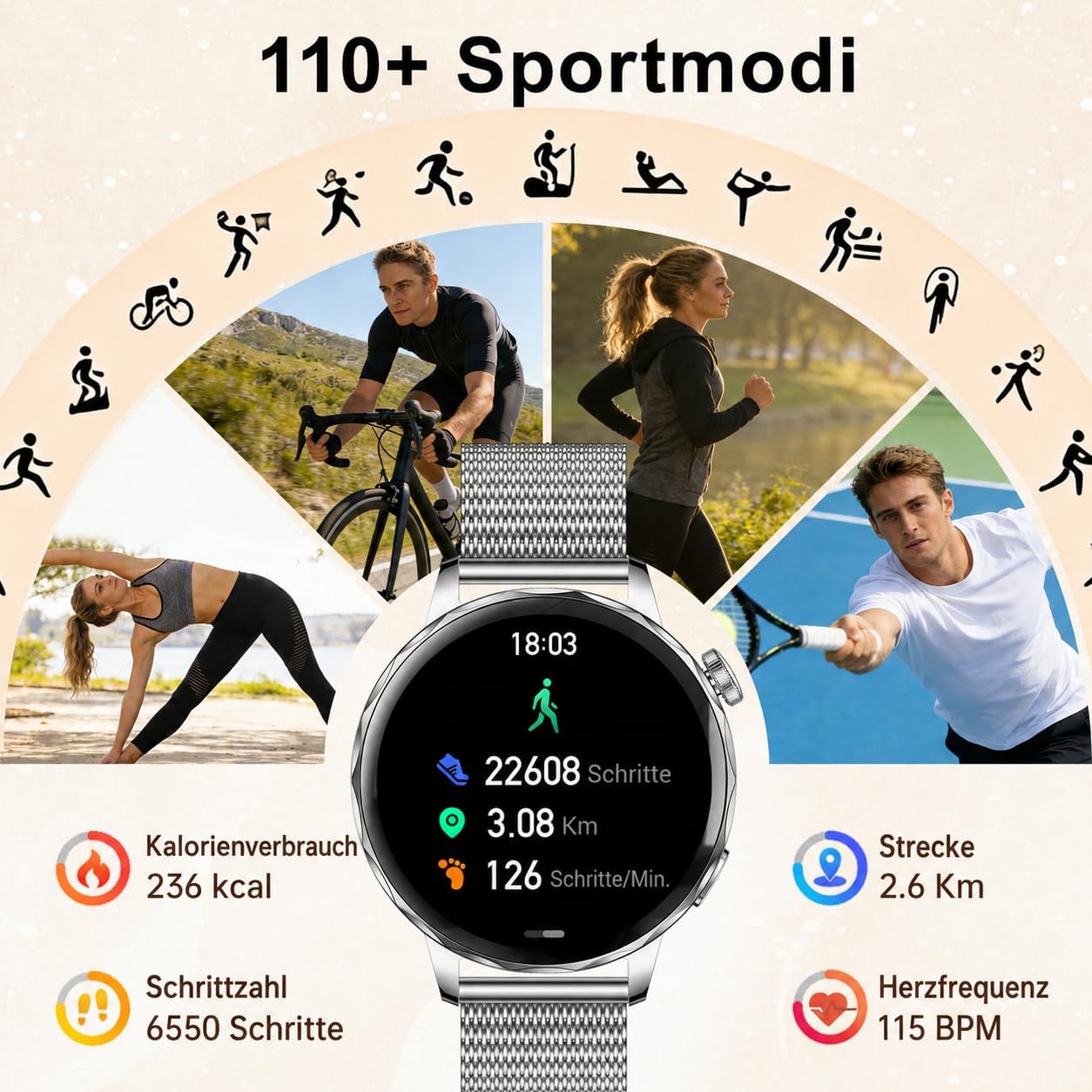 Runde Smartwatch für Damen mit Telefonfunktion, 1,27 Zoll HD-Smartwatches mit SpO2, 24-Stunden-Herzfrequenzüberwachung, Blutdruck-Schlafüberwachung, Fitness-Tracker 120+ Sportmodi, Schrittzähler für iOS Android, IP68 wasserdicht, Silber – Bild 4
