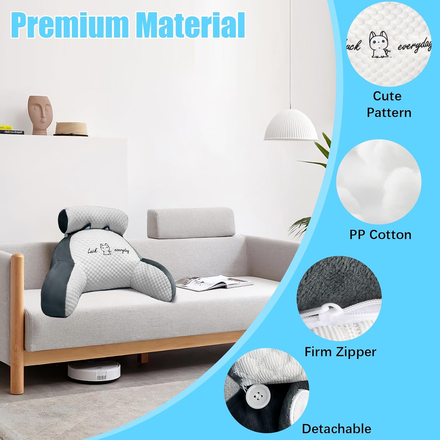 Suewidfay Lesekissen für Bett und Sofa, 70 x 50 cm, großes Rückenkissen für Erwachsene, Komfortkissen, Lesekissen mit abnehmbarer Nackenrolle und Armlehnen, Lesesitzkissen zum Lesen, Fernsehen, Faulenzen – Bild 4