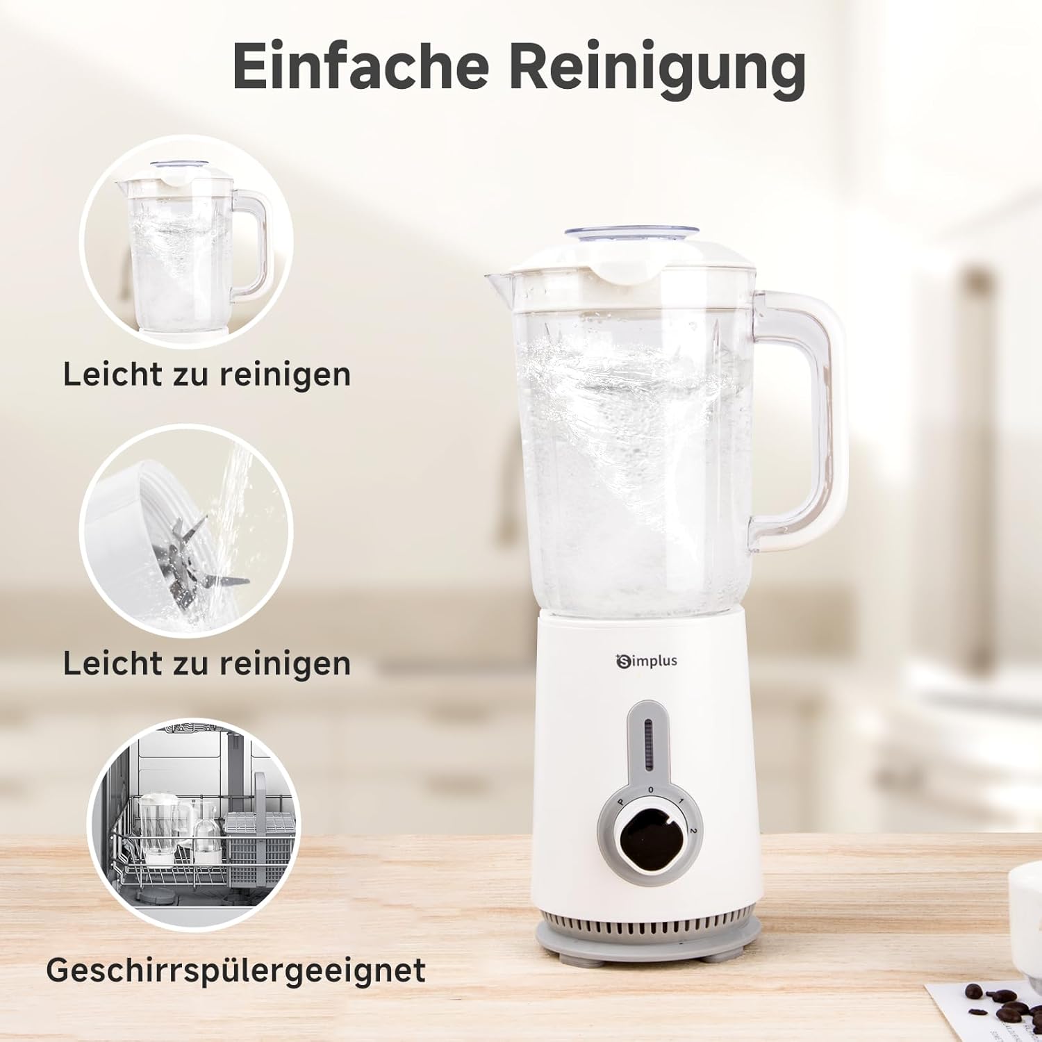 SIMPLUS 3-in-1-Standmixer & Smoothie-Maker mit 1,25-l-Rührbecher, 500-ml-Fleischwolf und 300-ml-Mahlbecher, 3 Geschwindigkeitsstufen mit Pulse-Funktion, Edelstahlmesser – Bild 7