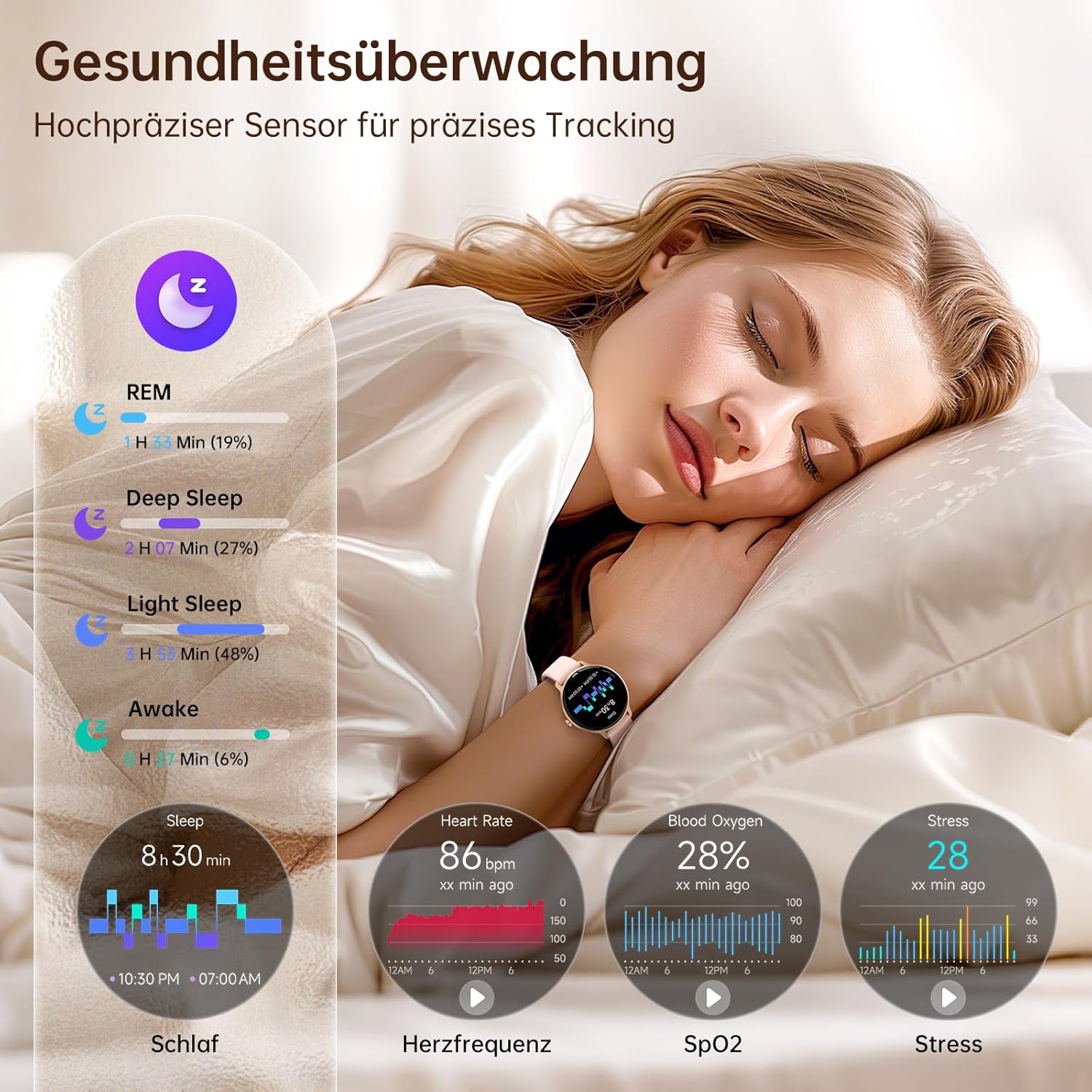 Damen Runde Smartwatch, 1,27 Zoll AMOLED Smartwatch mit Telefonfunktion, Fitnessuhr mit Herzfrequenzmesser, SpO2-Schlafmonitor, Schrittzähler, 120+ Sportmodi, Sportuhr, IP68 wasserdicht, Damenuhren für iOS Android – Bild 3